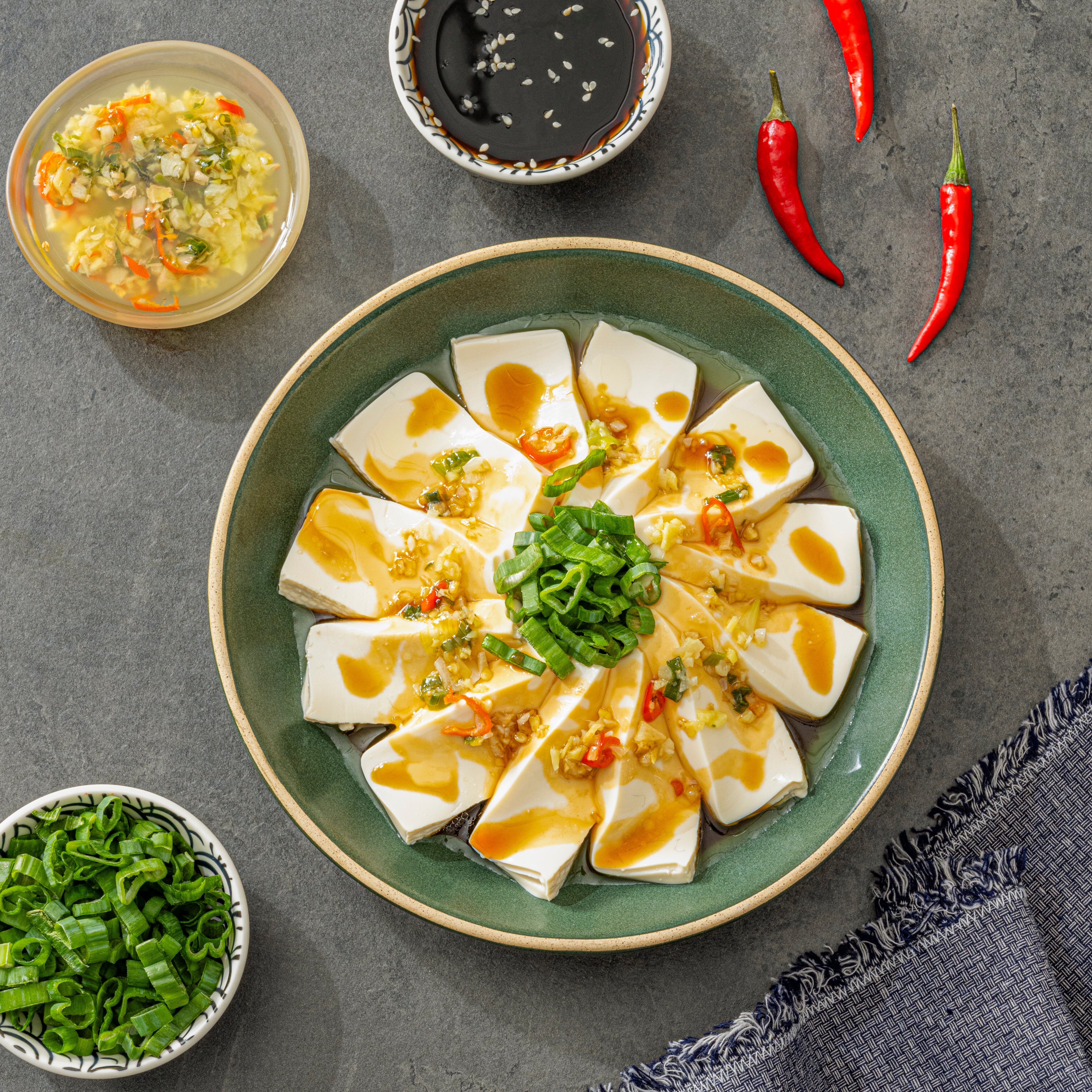 Steamed with garlic, soy sauce and chillis is a classic way to enjoy tofu in Chinese cuisine. Photo: Sunrise Soya Foods