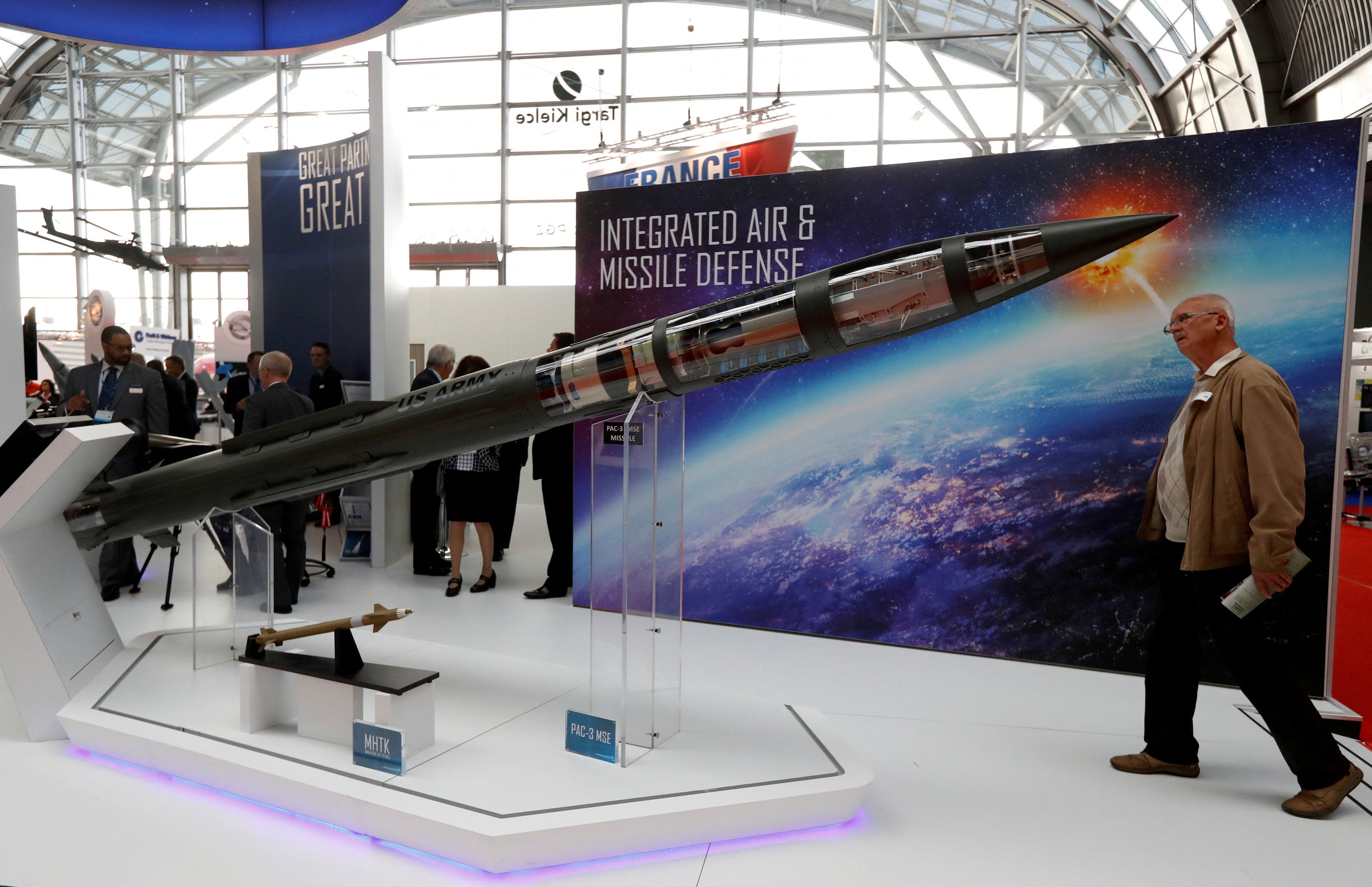 A man looks at a PAC-3 MSE model by Lockheed Martin at an international military fair in Kielce, Poland, in September 2017. Photo: Reuters