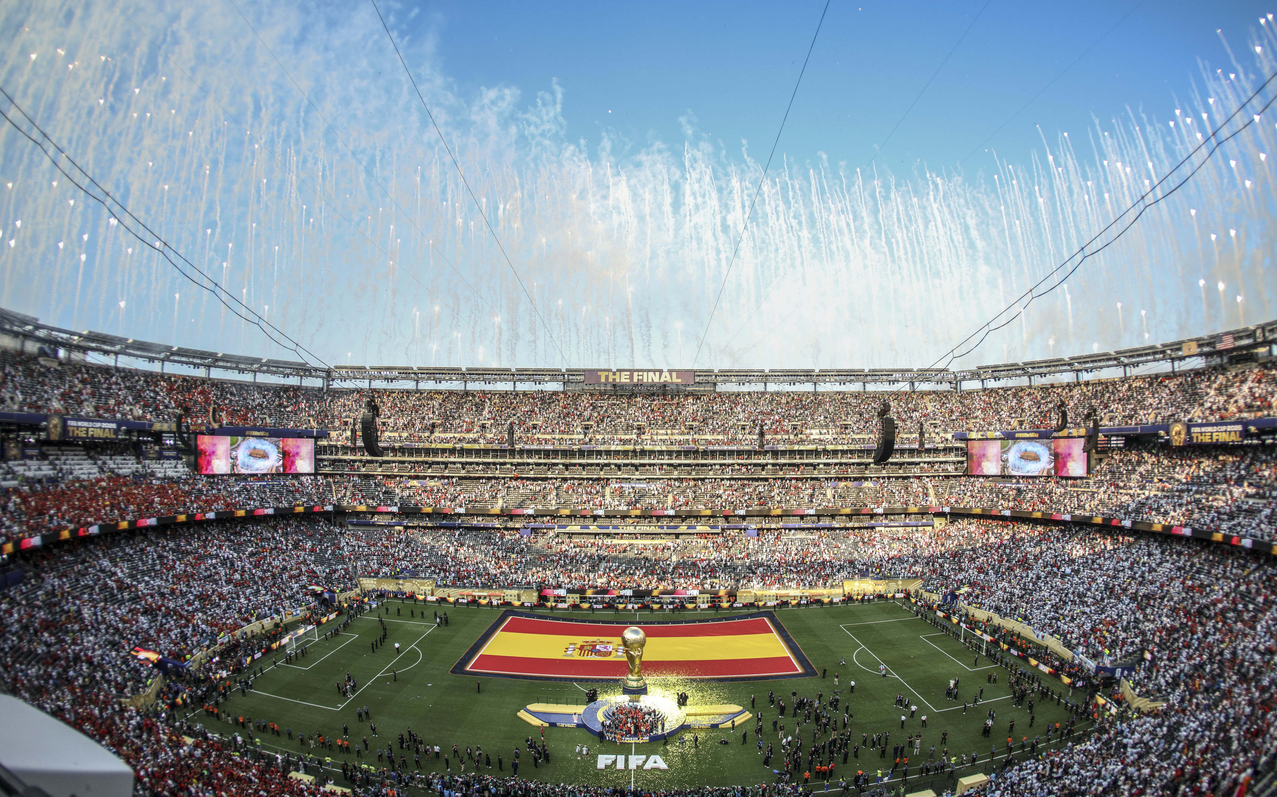 Spain celebrate on the podium during the awards ceremony after they beat Argentina 1-0 on Sunday to win the 2026 Fifa World Cup in New Jersey. Photo: Xinhua