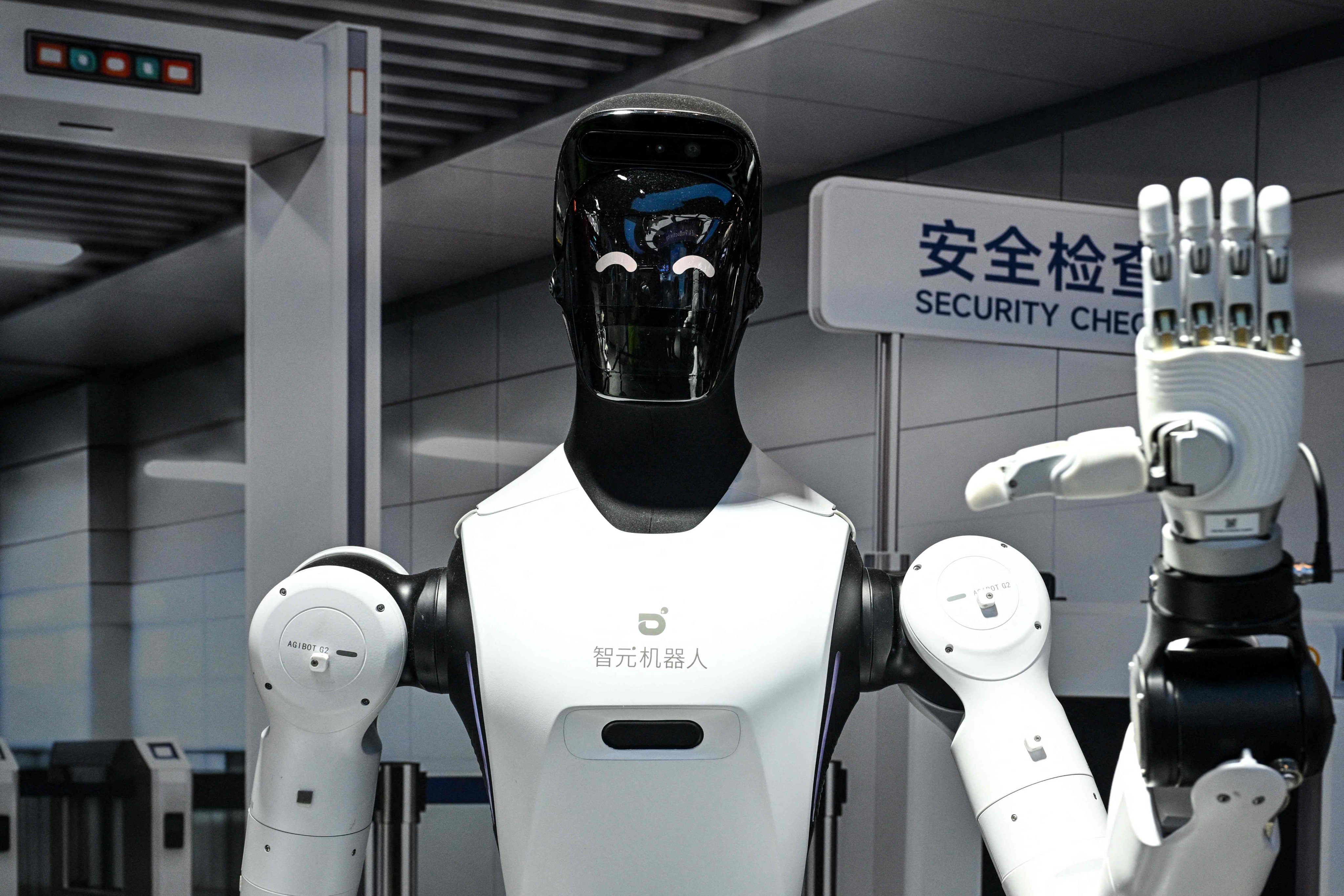A humanoid robot made by Agibot is pictured during the World Artificial Intelligence Conference in Shanghai on Saturday. Photo: AFP