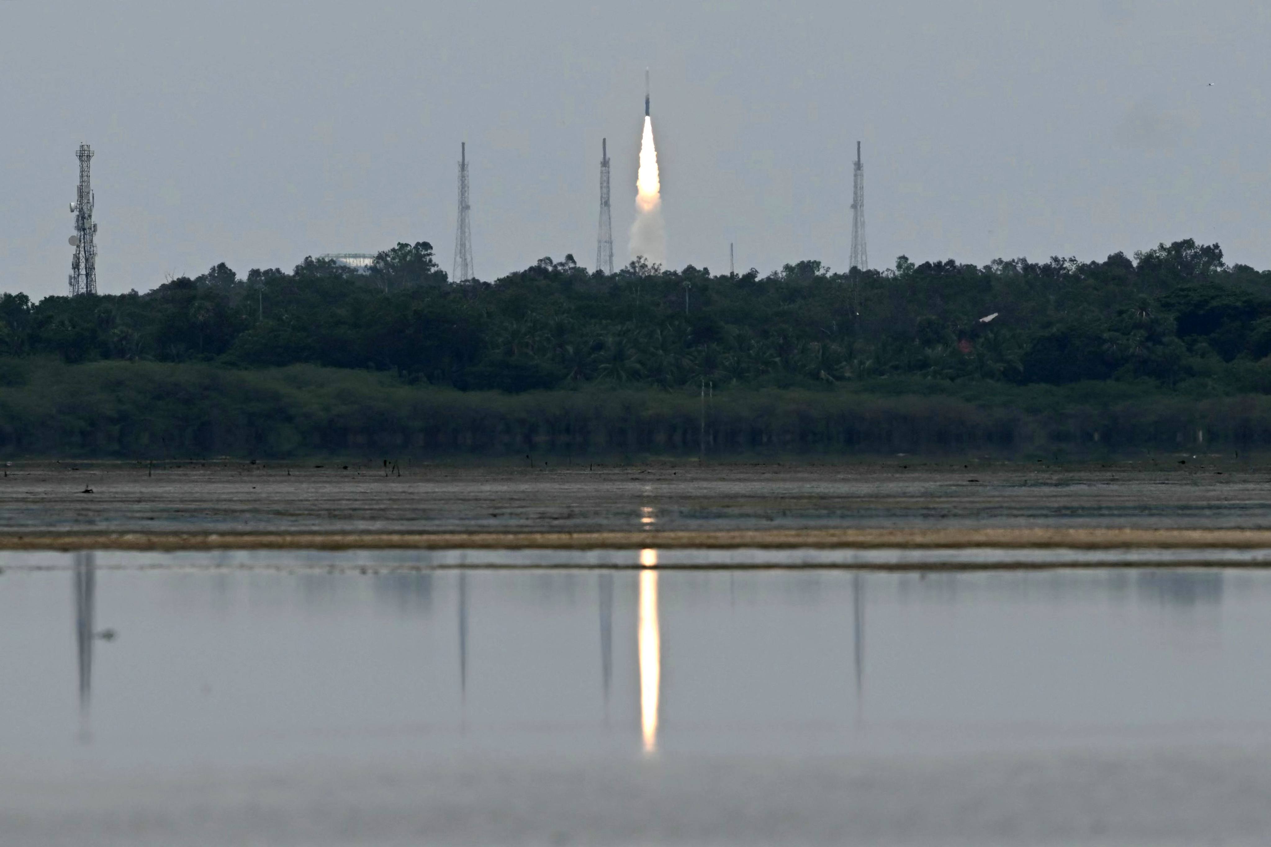 India’s Skyroot Aerospace orbital rocket Vikram-1 blasts off from the Satish Dhawan Space Centre in Andhra Pradesh’s Sriharikota on Saturday. Photo: AFP