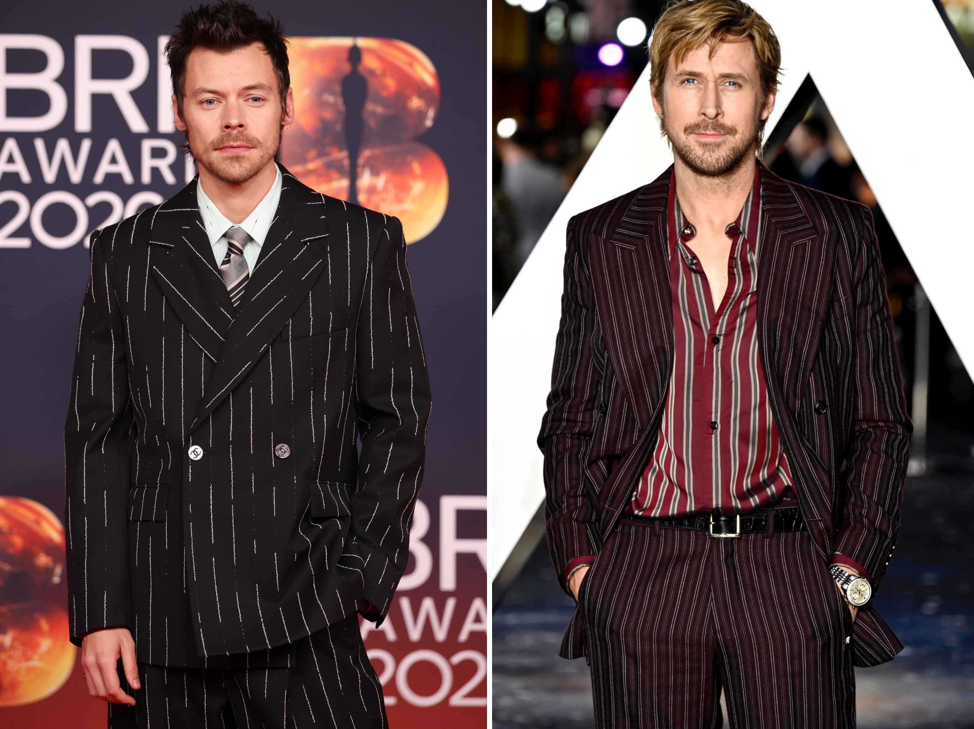 Harry Styles at the Brit Awards 2026, and Ryan Gosling at the March Project Hail Mary premiere in London. Both decided to go for pinstripes. Photos: Film Magic, Getty Images
