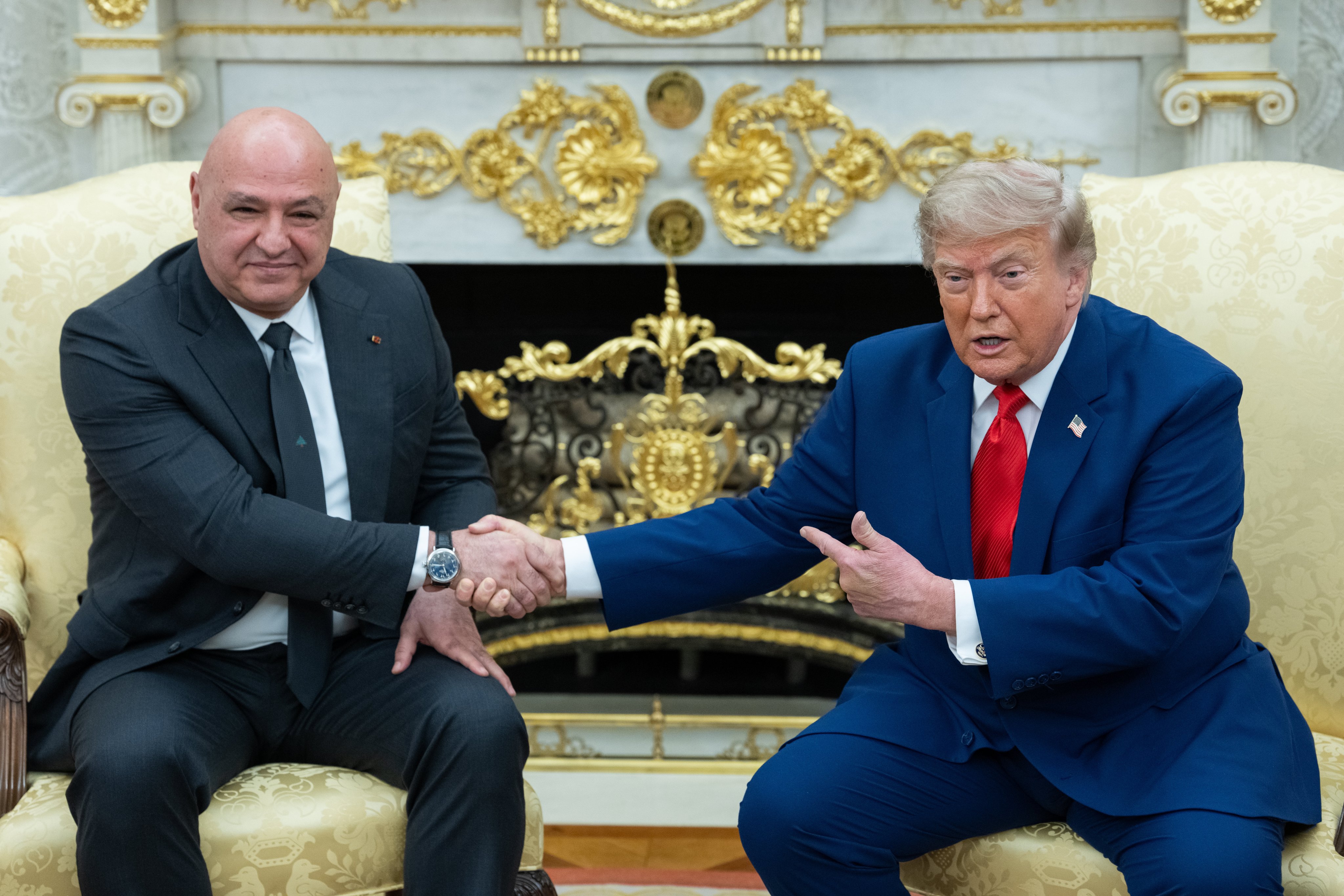 US President Donald Trump (right) shakes hands with Lebanese President Joseph Aoun  in the Oval Office on Tuesday. Photo: EPA
