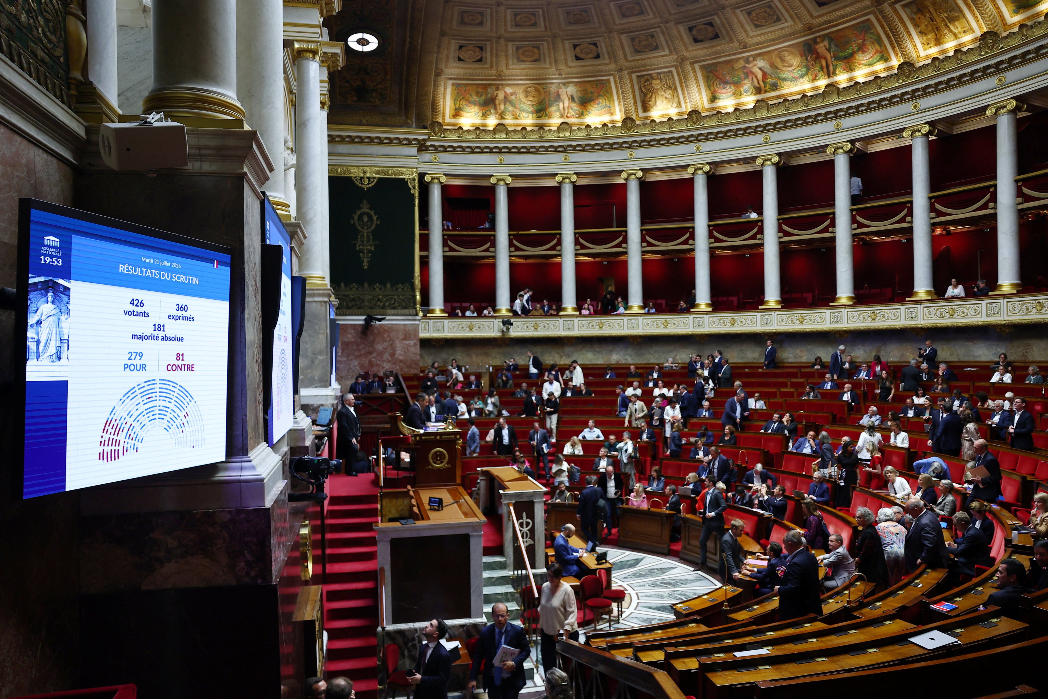 A screen shows the result of a vote on the bill that aims to ban social media access for children under the age of 15, at the National Assembly in Paris, France. Photo: Reuters