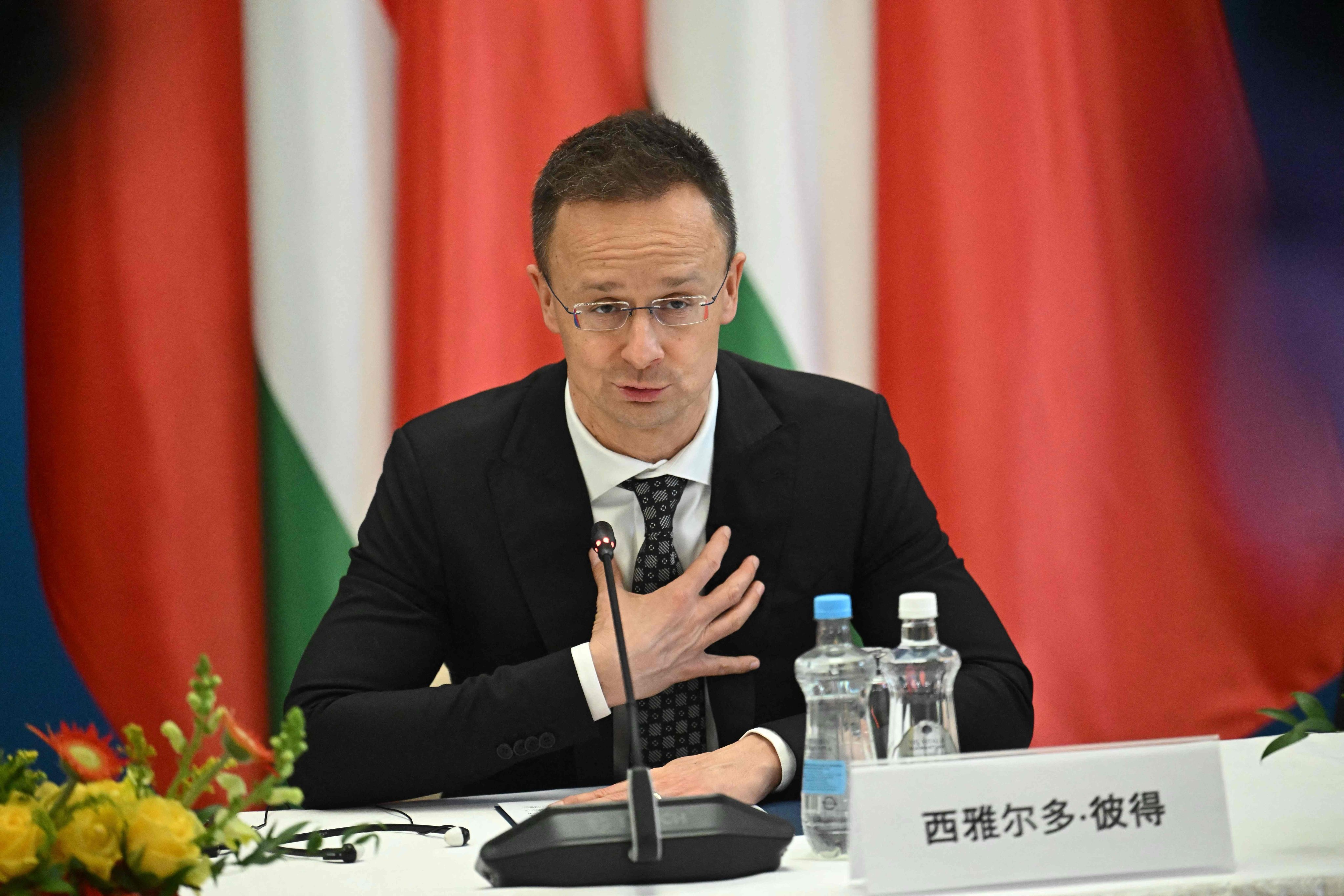 Then Hungarian foreign minister Peter Szijjarto at a meeting with Foreign Minister Wang Yi in Budapest in February. Photo: AFP