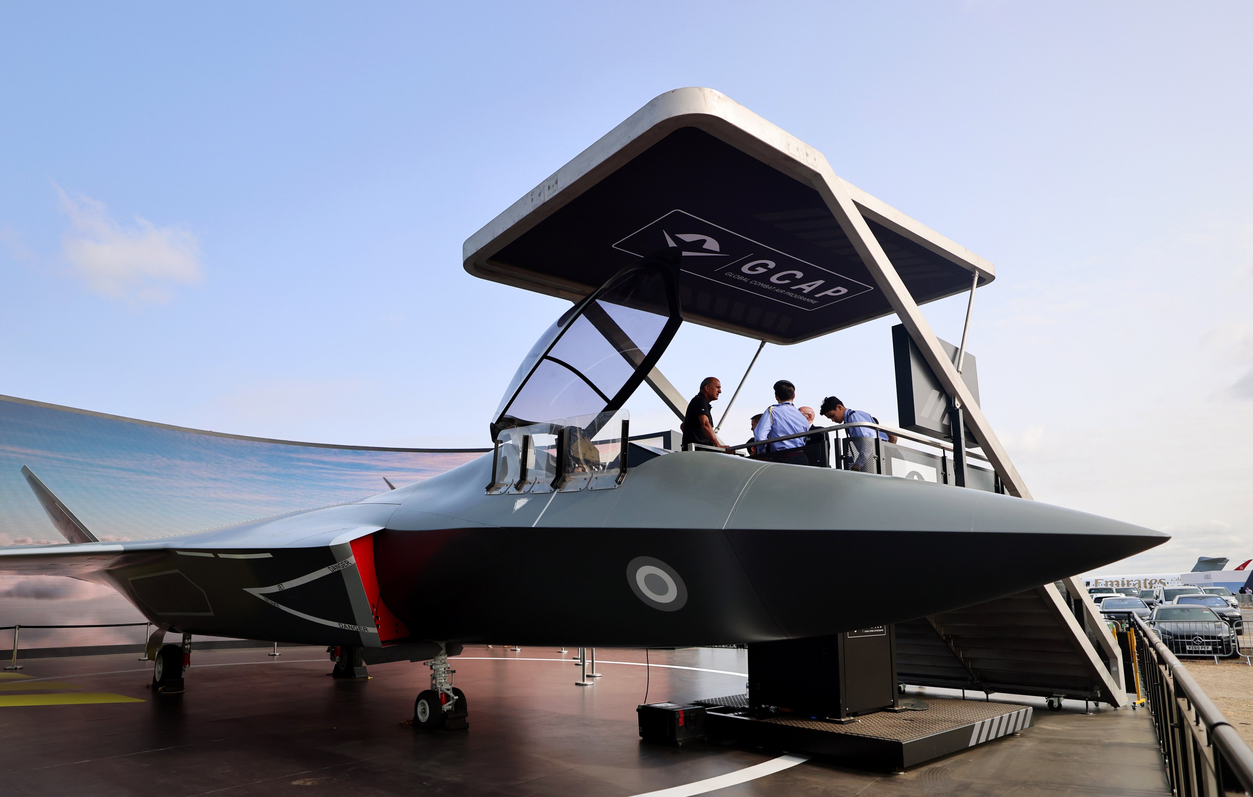 A mock-up of the GCAP fighter jet on display at the Farnborough International Airshow 2026 in Farnborough, Britain, on Tuesday. Photo: EPA