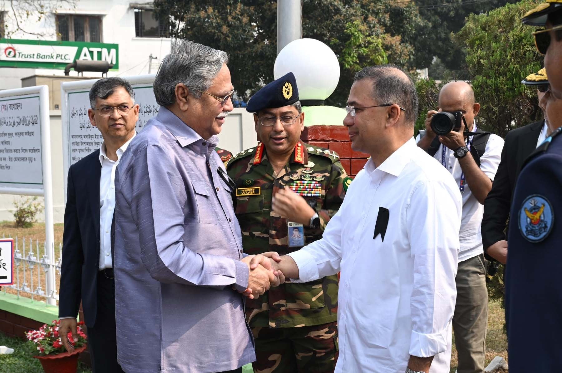 President Mohammed Shahabuddin greets Prime Minister Tarique Rahman in Dhaka on February 25, Bangladesh's National Martyred Army Day. Photo: Press Information Department