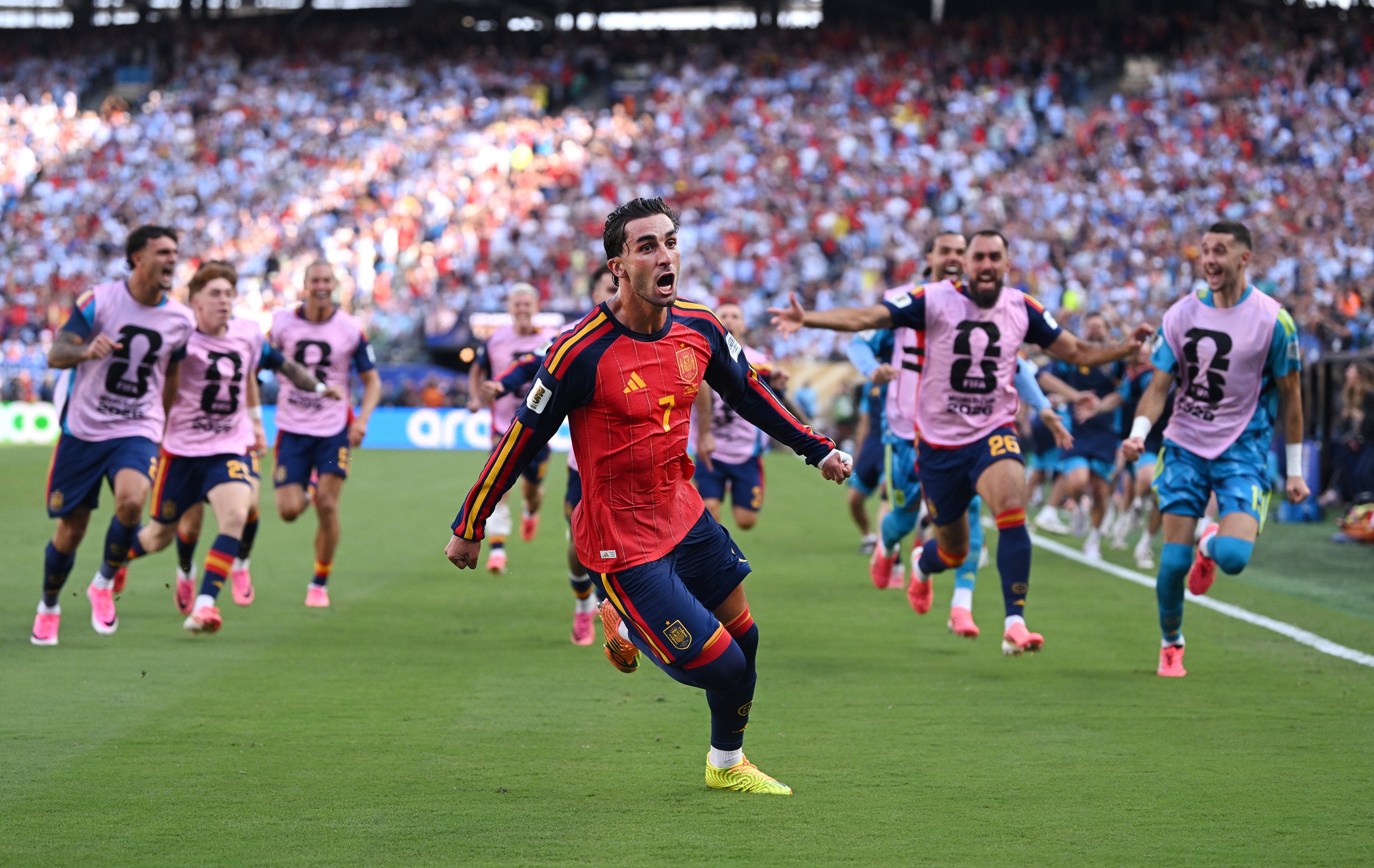 Ferran Torres (centre) celebrates scoring Spain’s winning goal during the World Cup final against Argentina. Photo: Getty Images