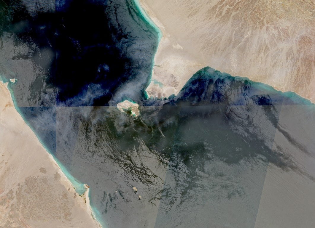 A satellite image shows the Bab al-Mandab Strait, a key shipping waterway and the gateway to the Red Sea. Image: Nasa Worldview via Reuters