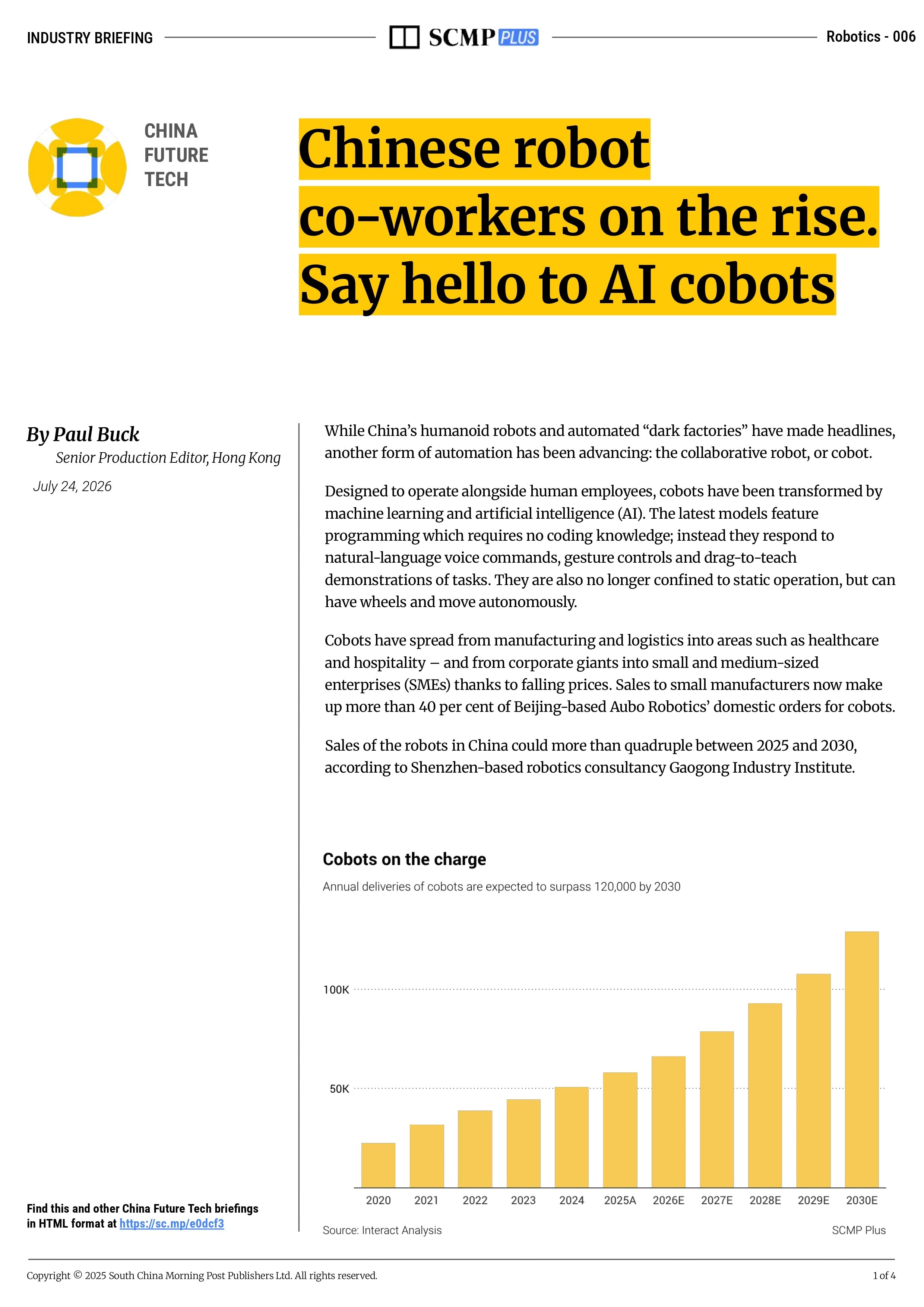 Chinese robot co-workers on the rise. Say hello to AI cobots