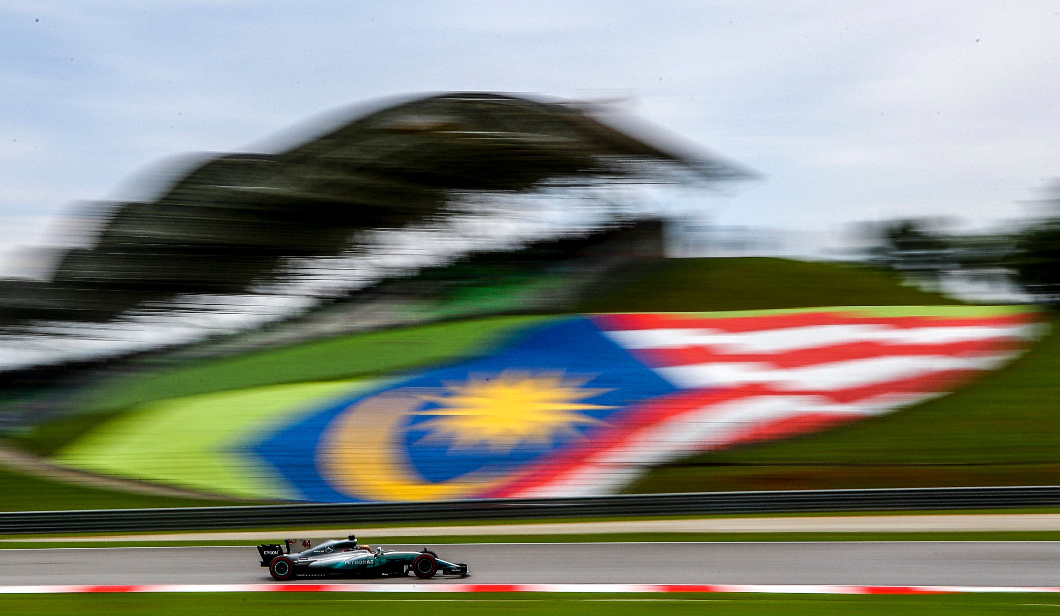 British driver Lewis Hamilton, then of Mercedes, during a practice session ahead of the Malaysian F1 Grand Prix at the Sepang International Circuit in 2017. Photo: EPA-EFE