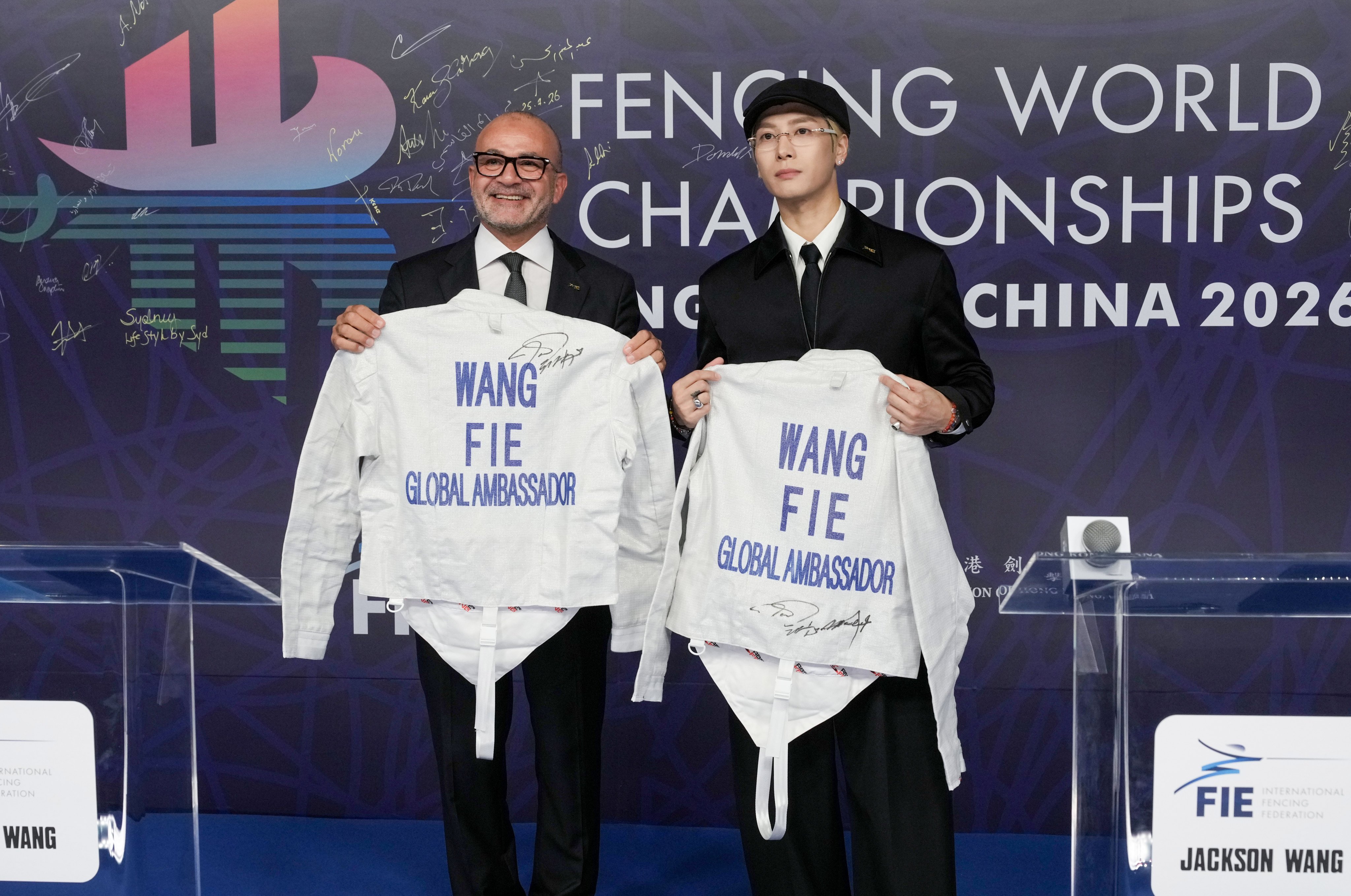New global ambassador Jackson Wang (right) is “part of the family”, said Donald Anthony Jnr, vice-president of the International Fencing Federation, on Saturday. Photo: Dickson Lee