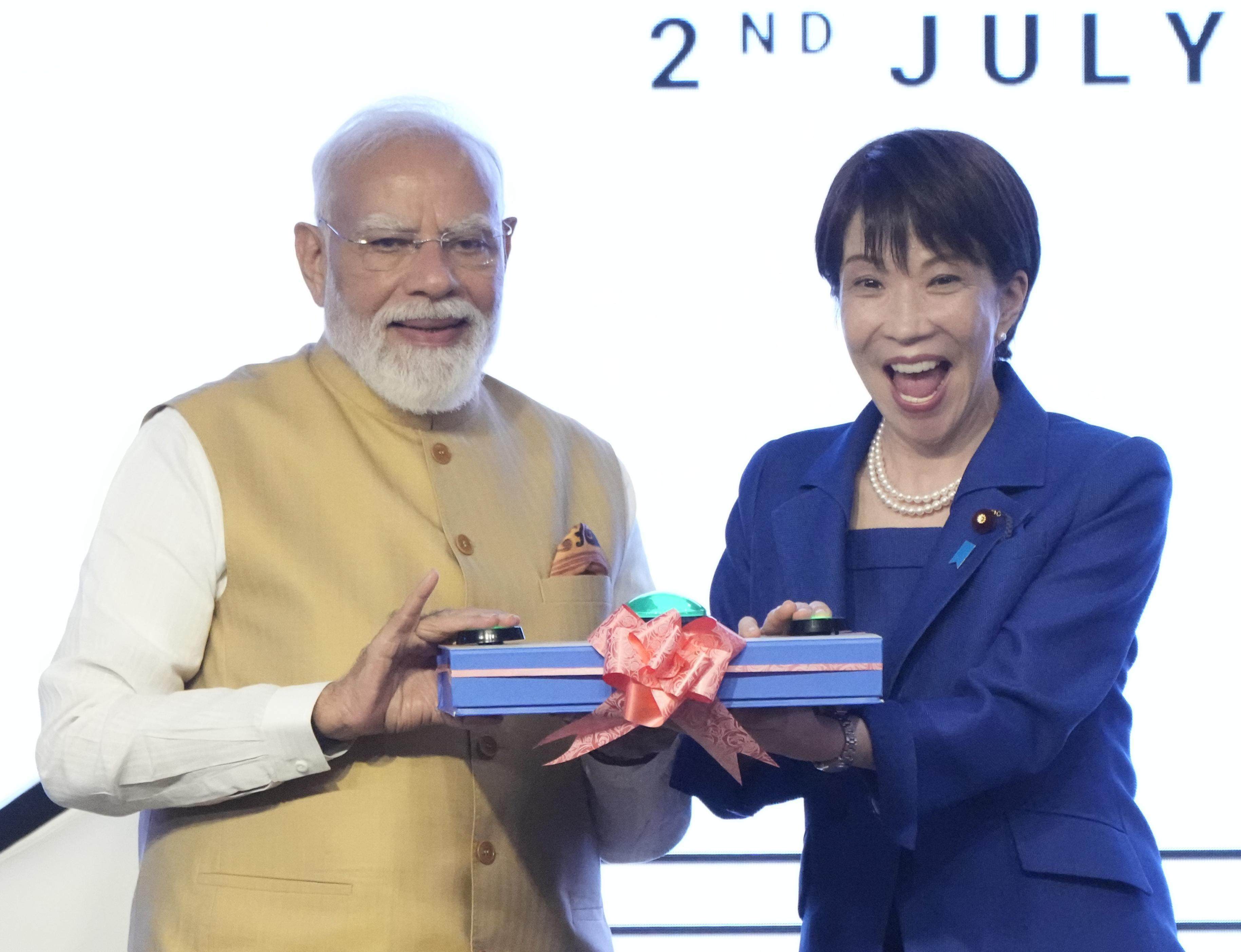 Japanese Prime Minister Sanae Takaichi and Indian Prime Minister Narendra Modi attend an economic forum in New Delhi on July 2. Photo: Kyodo