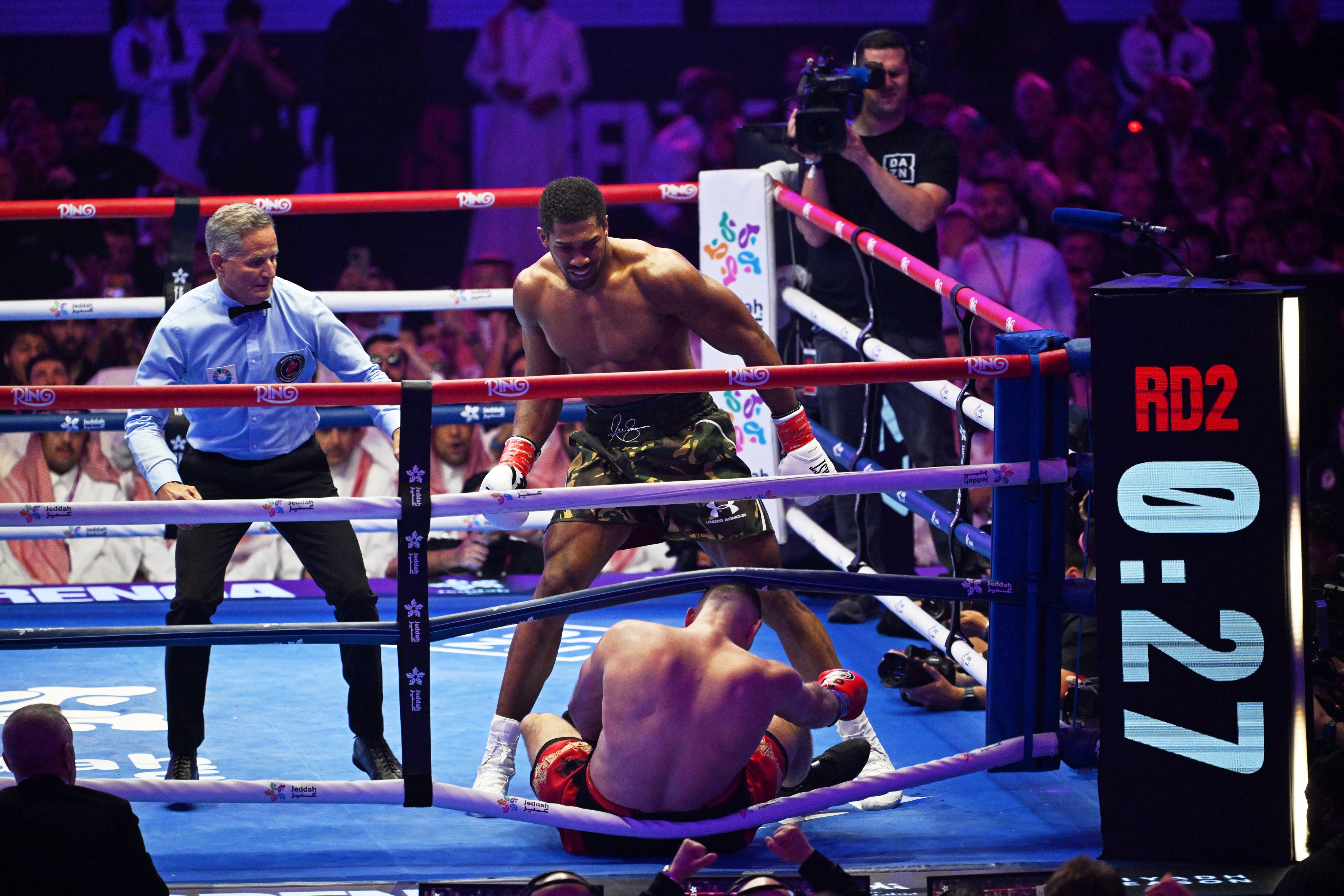 Anthony Joshua won by a second-round knockout of Kristian Prenga in Jeddah. Photo: AP