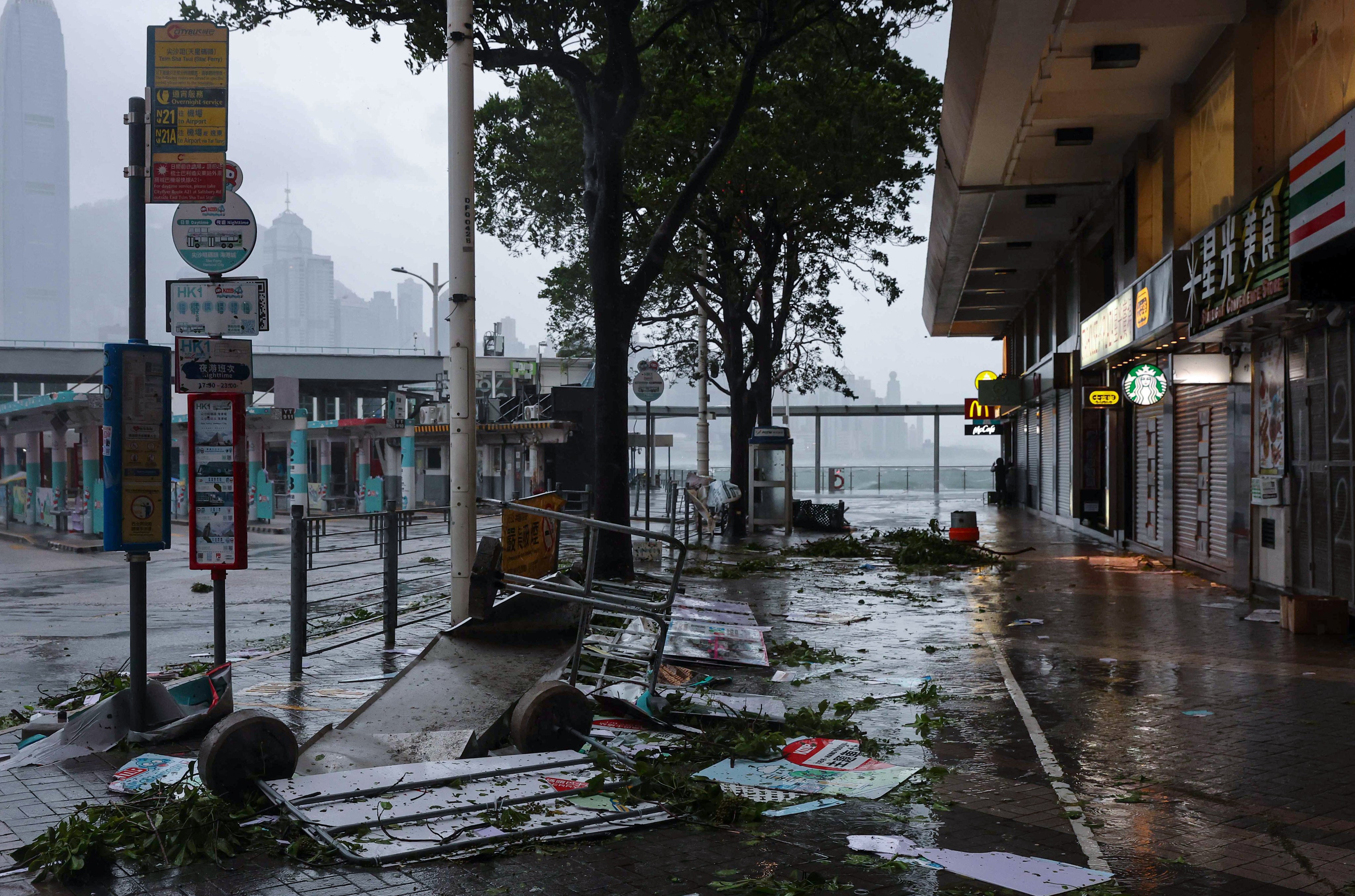 Debris scattered near the Tsim Sha Tsui waterfront on Sunday. Photo: Edmond So