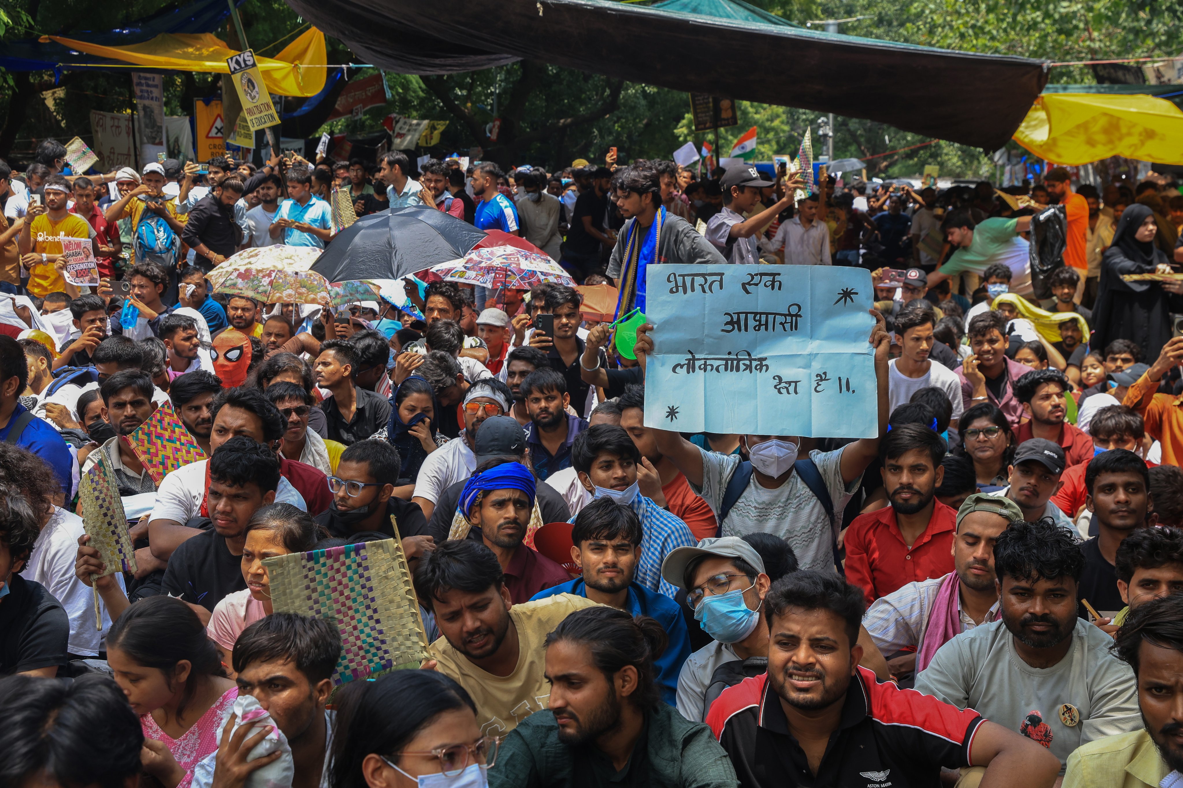 Supporters of the youth-led satirical political movement CJP take part in a demonstration at the Jantar Mantar protest site in New Delhi on Saturday. Photo: EPA