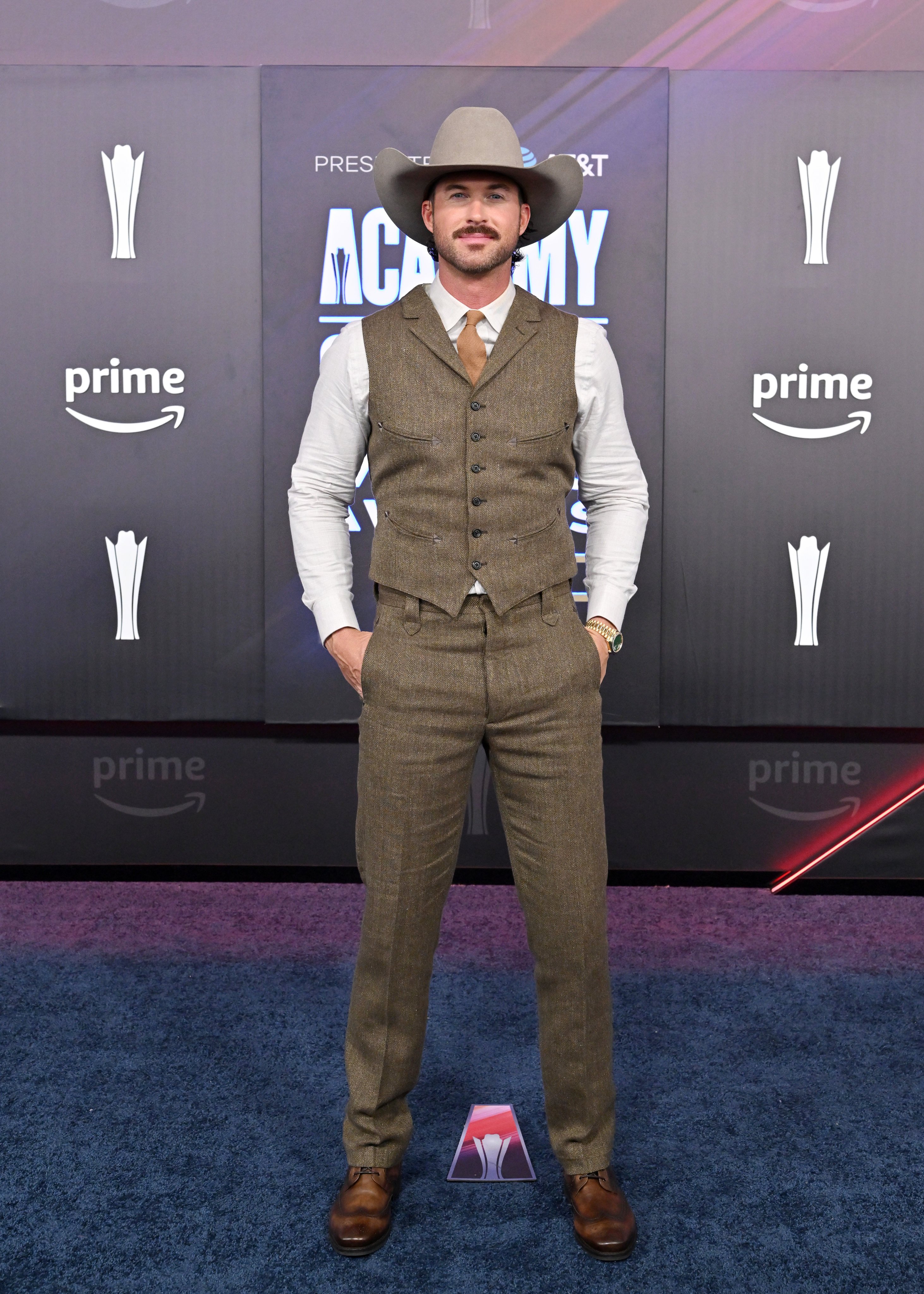 Riley Green showcases his tailored cowboy aesthetic at the Academy of Country Music Awards in Las Vegas in May. Photo: FilmMagic
