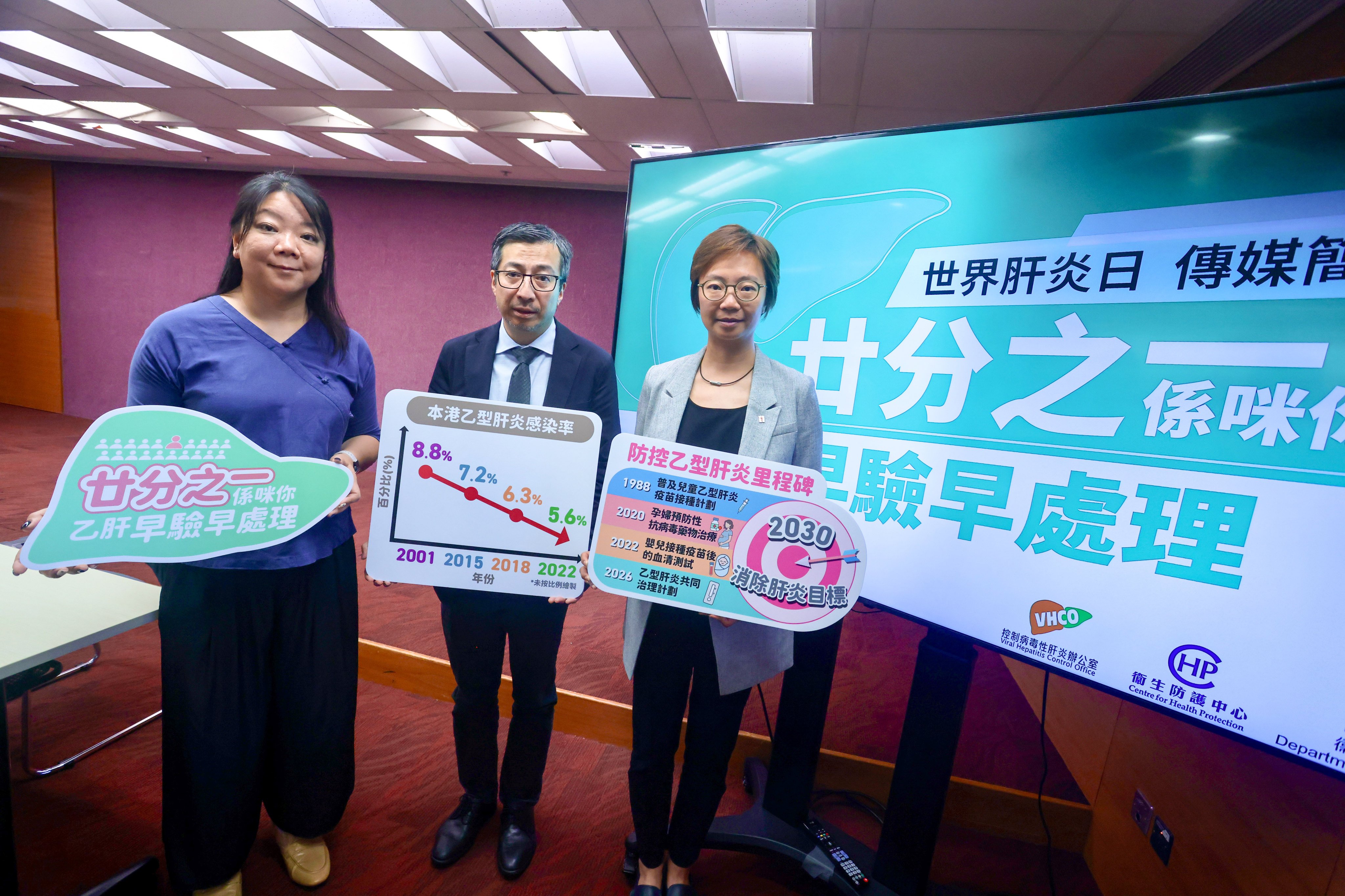(From left) Patient Ms Lau; gastroenterology and hepatology specialist Dr James Fung; and the Centre for Health Protection’s Dr Bonnie Wong. Photo: Jonathan Wong