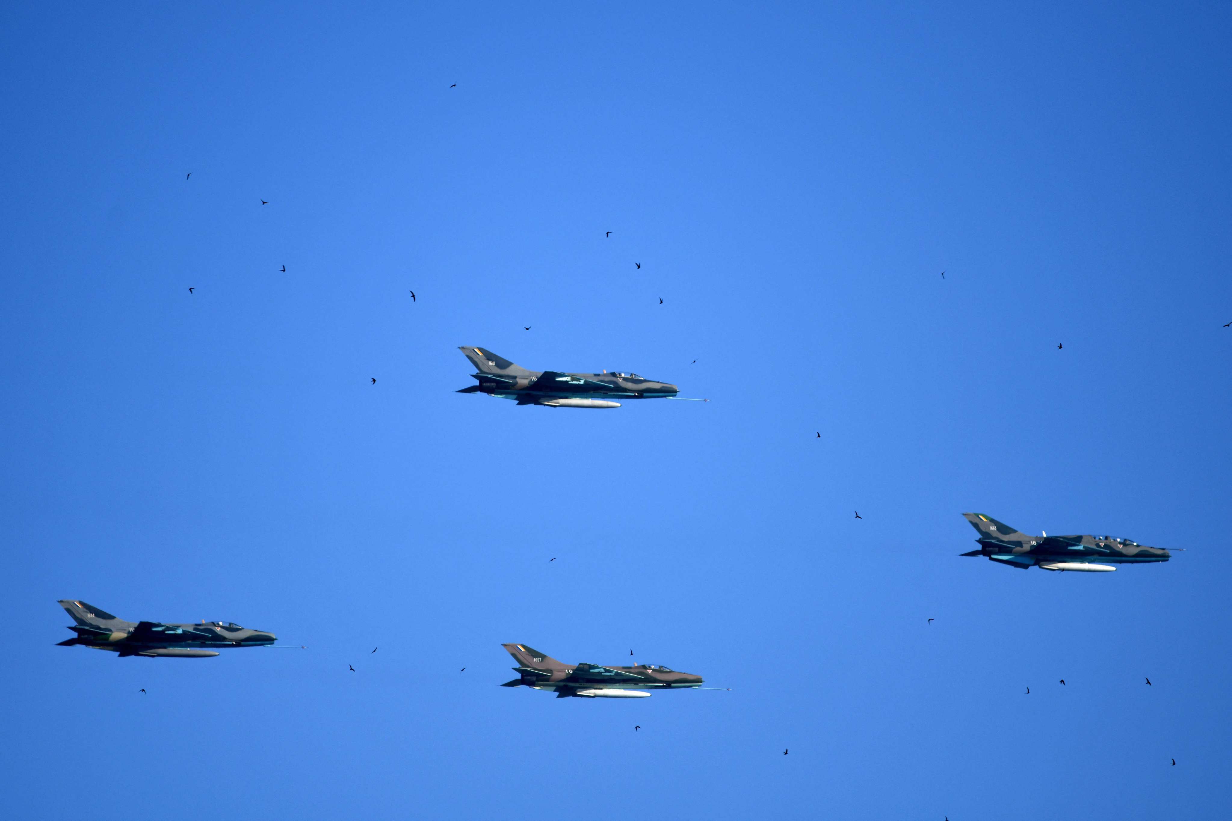 Myanmar Air Force fighter jets perform manoeuvres in 2023. A report by conflict monitor ACLED indicates the junta has intensified its aerial bombing campaign in 2026. Photo: AFP
