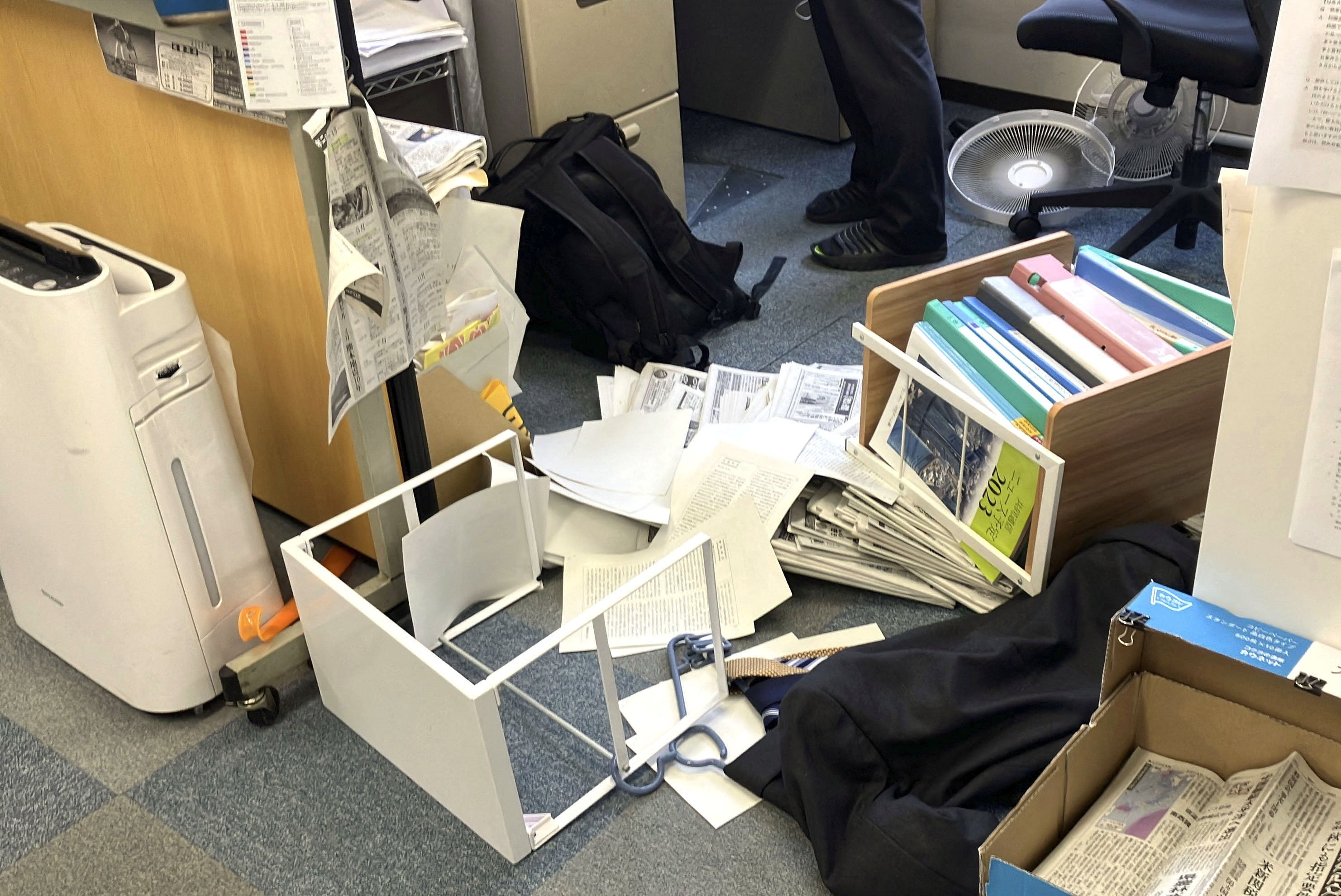 Toppled shelving after an earthquake, with a preliminary magnitude of 7.1, struck Japan’s southern Kumamoto prefecture, according to the Japan Meteorological Agency, in Kumamoto, on Tuesday. Photo: Kyodo via Reuters