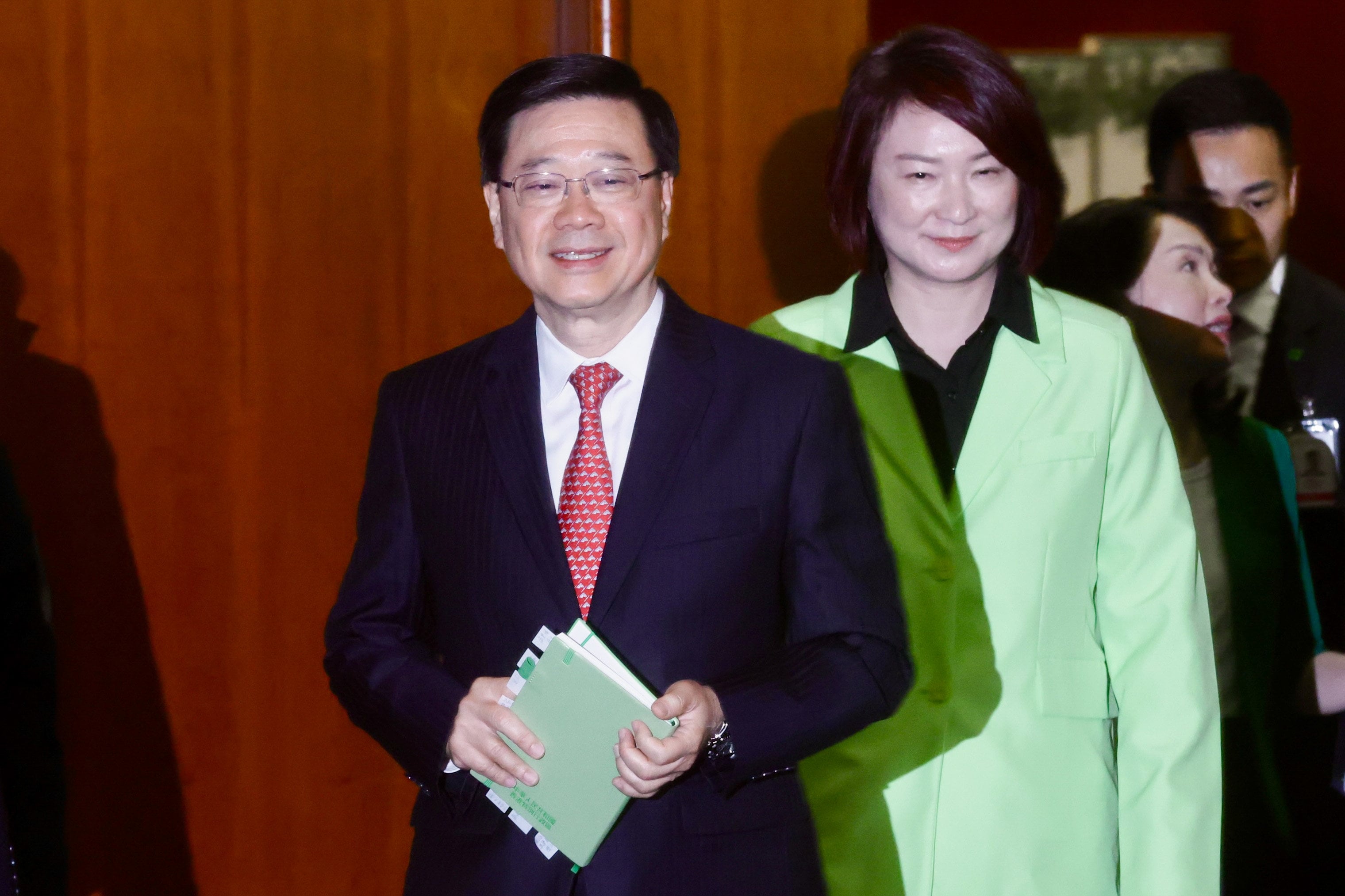 Chief Executive John Lee (left) and Legco president Starry Lee stand together after the city’s leader’s dialogue with lawmakers. Photo: Jonathan Wong