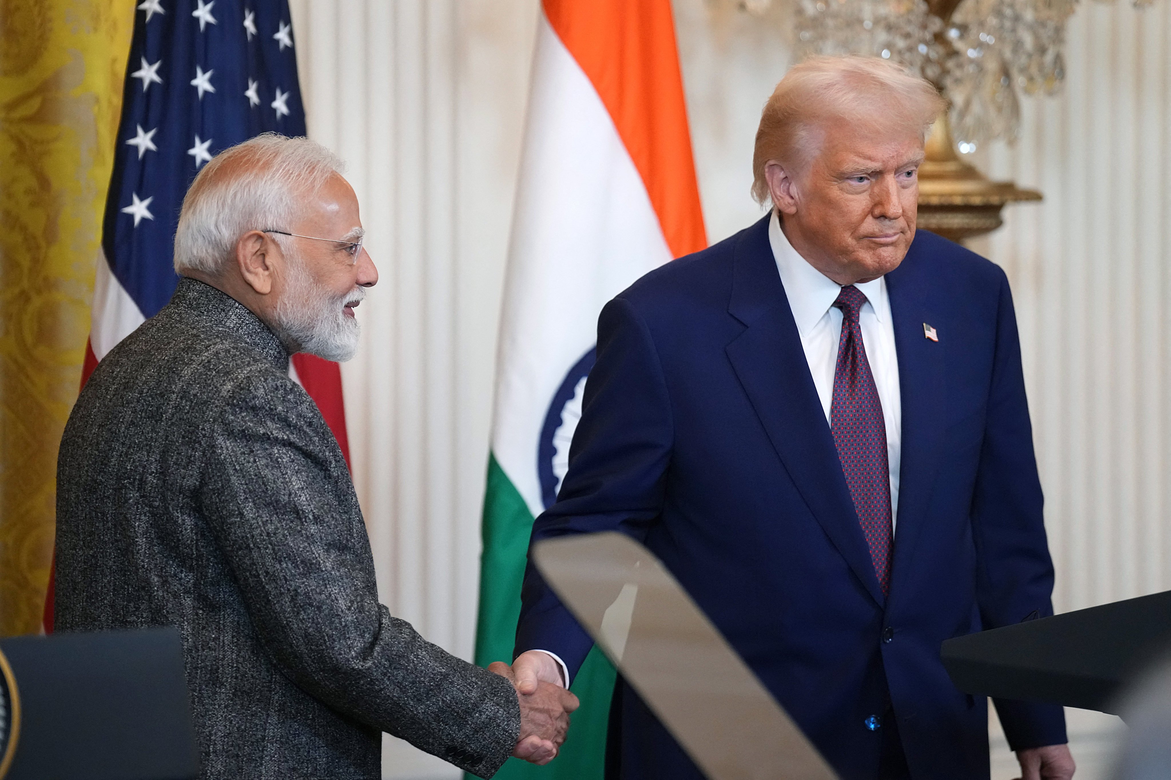 US President Donald Trump and Indian Prime Minister Narendra Modi shake hands at the White House in February last year. Photo: Getty Images/AFP
