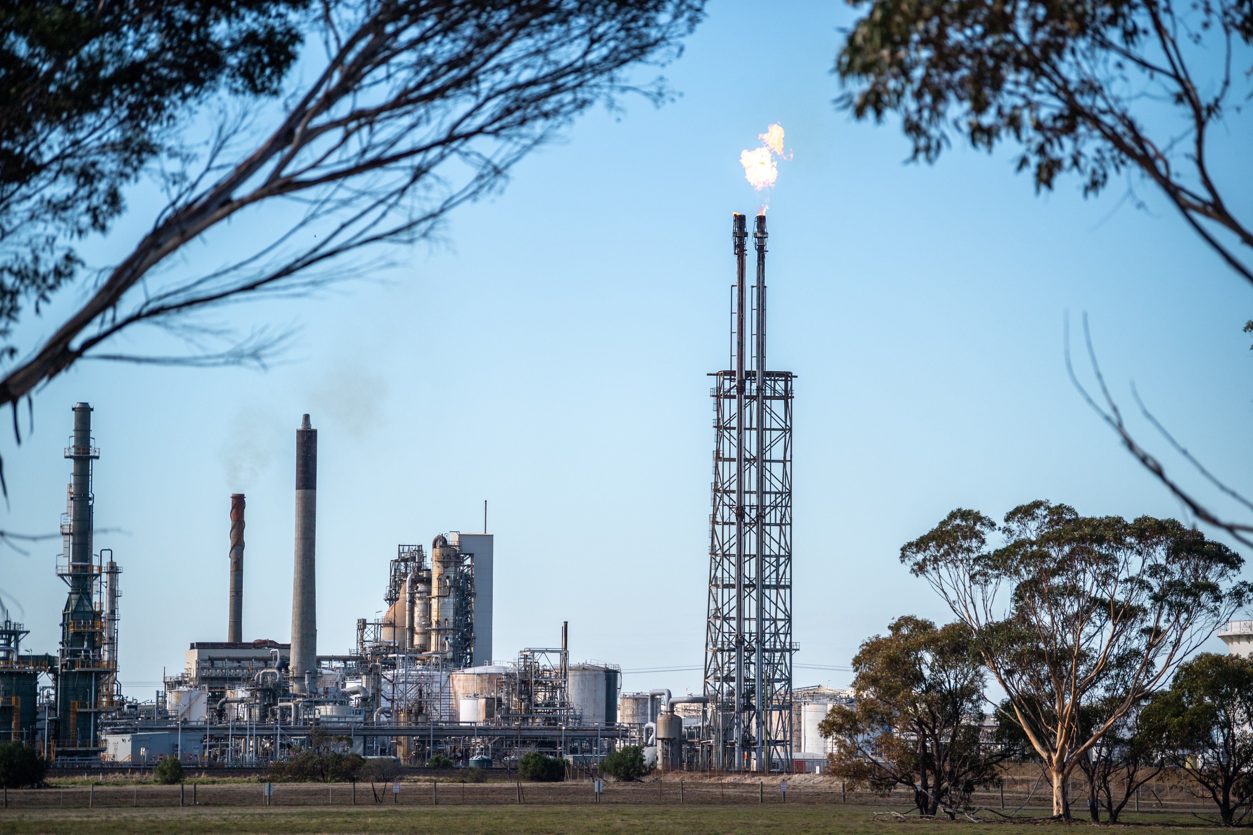The Viva Energy Geelong refinery in Victoria, one of Australia’s only two remaining operating oil refineries. Photo: EPA