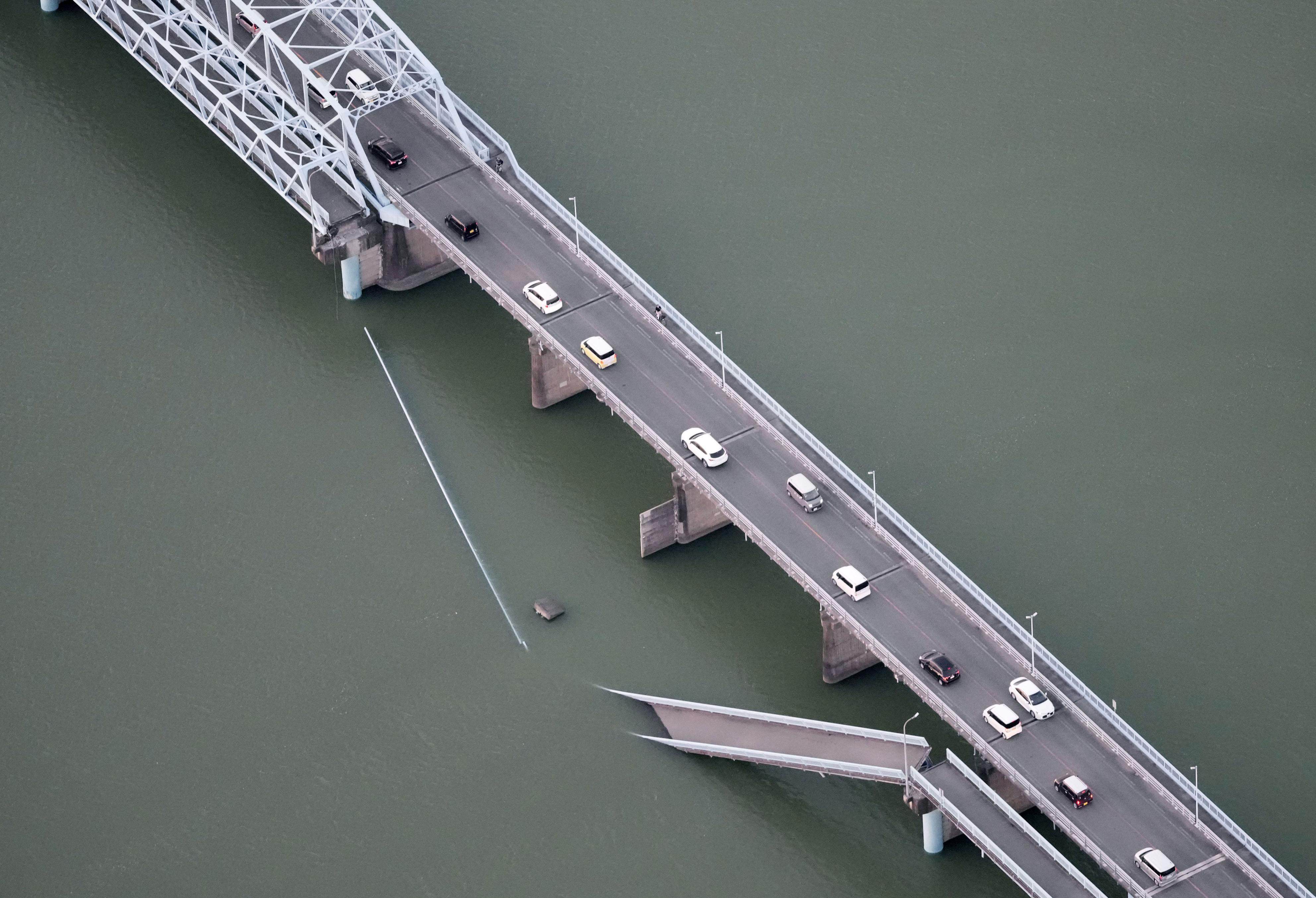 A partially collapsed bridge after the earthquake. Photo: AP