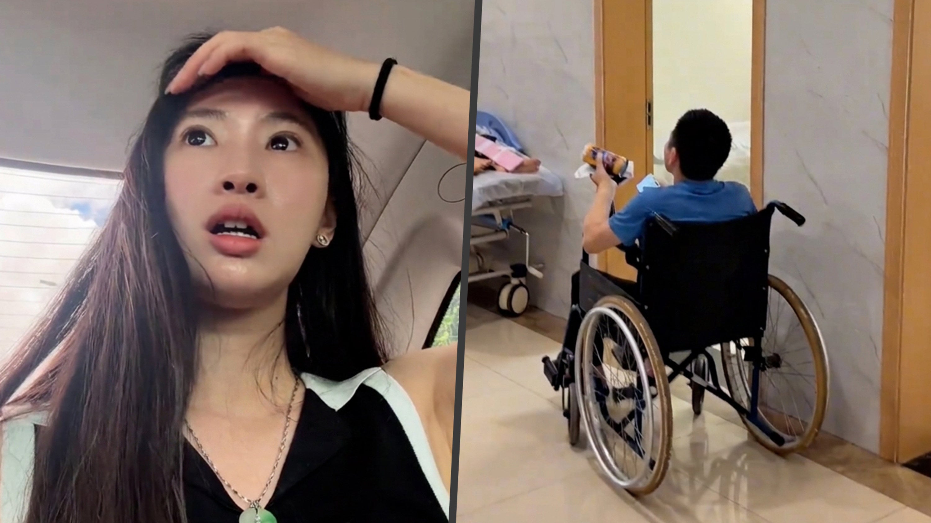 When her ride-hailing driver suddenly doubled over in agony on the highway, He, left, was taken by surprise but quickly took control of the vehicle to get him to safety. Photo: SCMP composite/Douyin