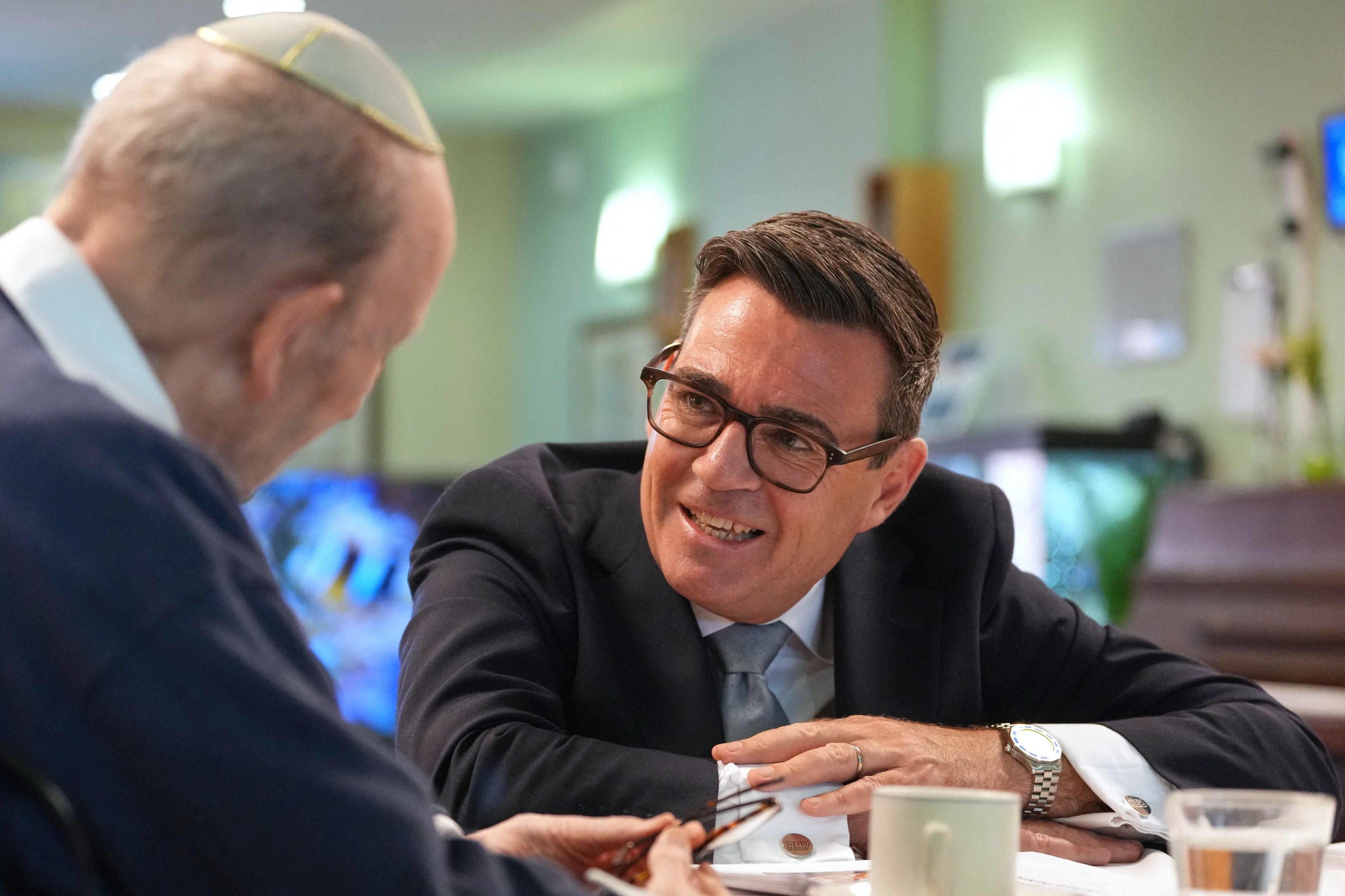 Britain’s Prime Minister Andy Burnham meets residents as he visits social care organisation Jewish Care, in northwest London on Wednesday. Photo: AFP