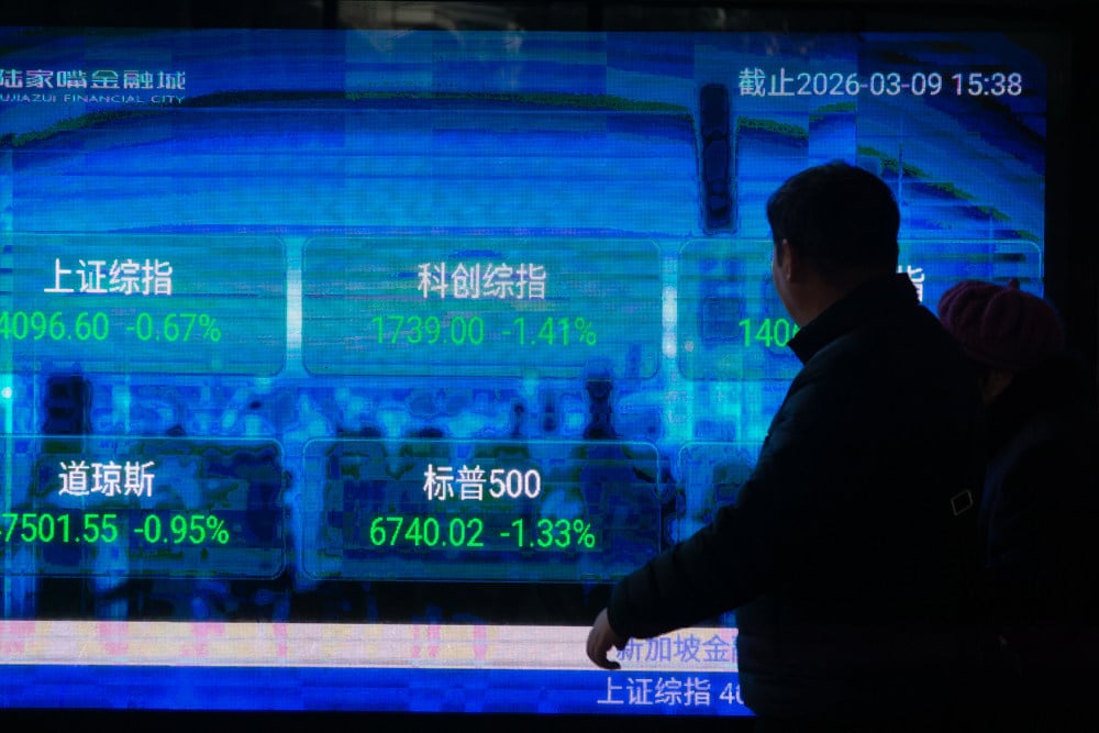 A digital display stock index in Shanghai's financial district of Lujiazui on March 9, 2026. Regulators are cracking down on corporate insiders and trying to restore confidence in the country's stock markets. Photo: Getty Images