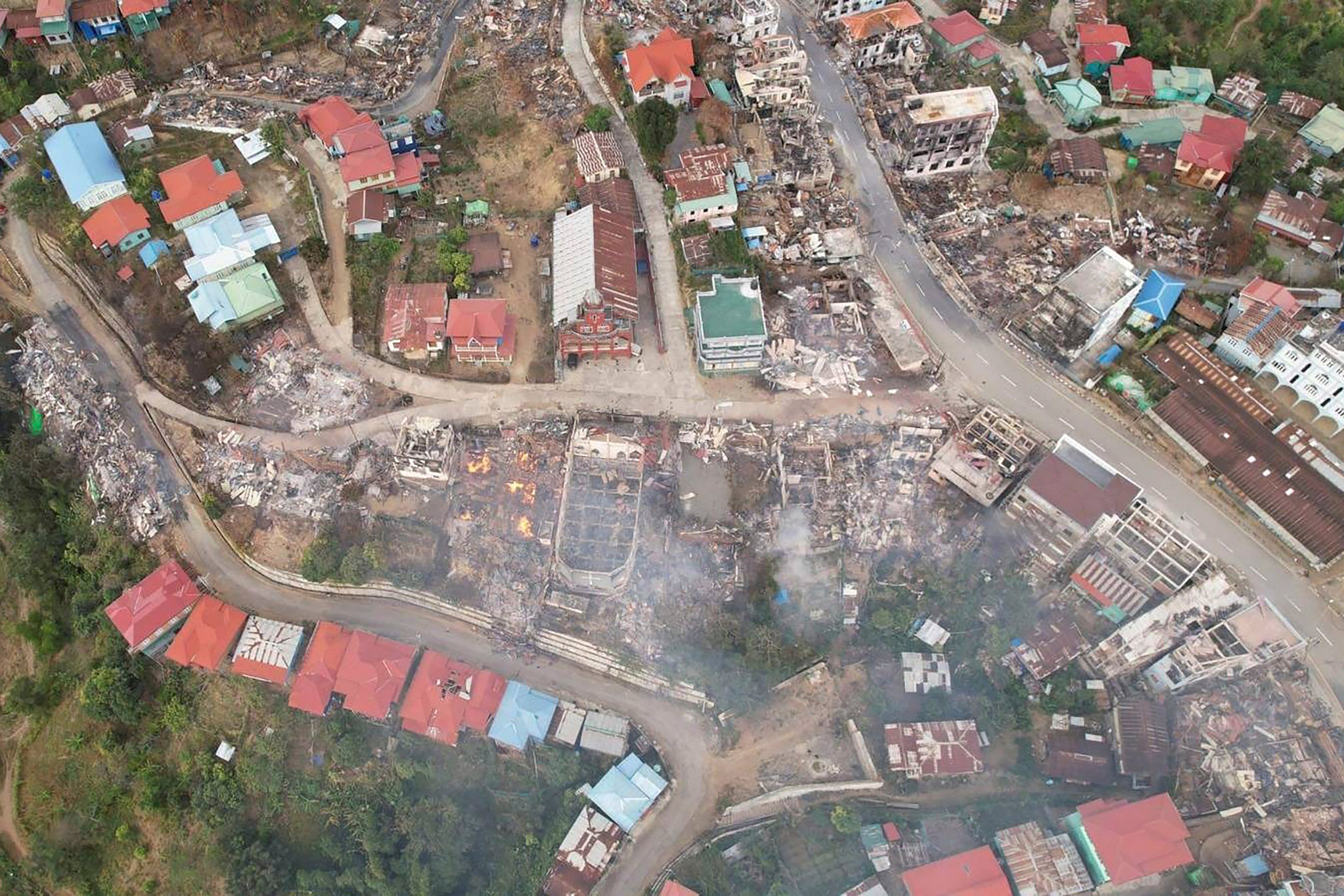Fires destroy numerous buildings in the town of Thantlang in Chin state in northwest Myanmar, in December 2021. Photo: Chin Human Rights Organization via AP