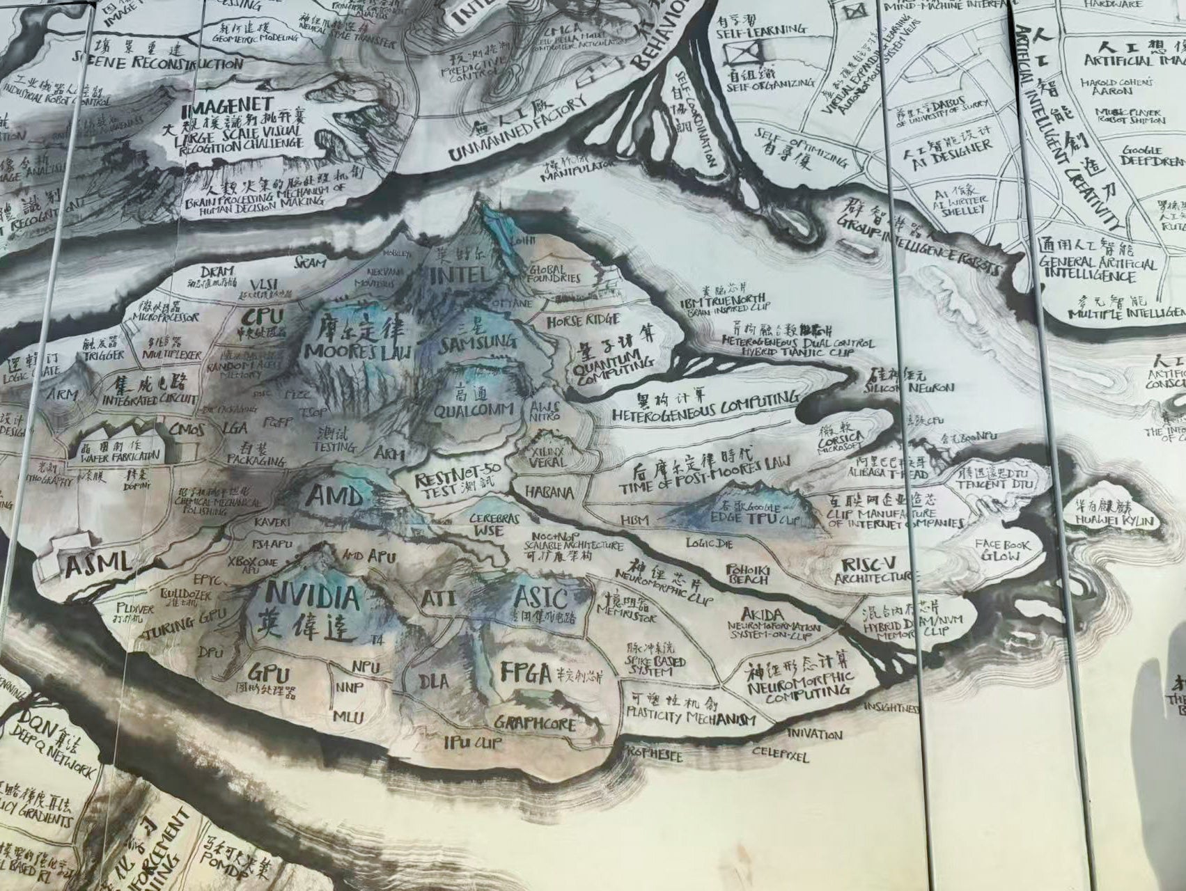 The ink-wash map of AI, with chipmakers as mountains on islands and theories flowing like rivers. Photo: Wency Chen