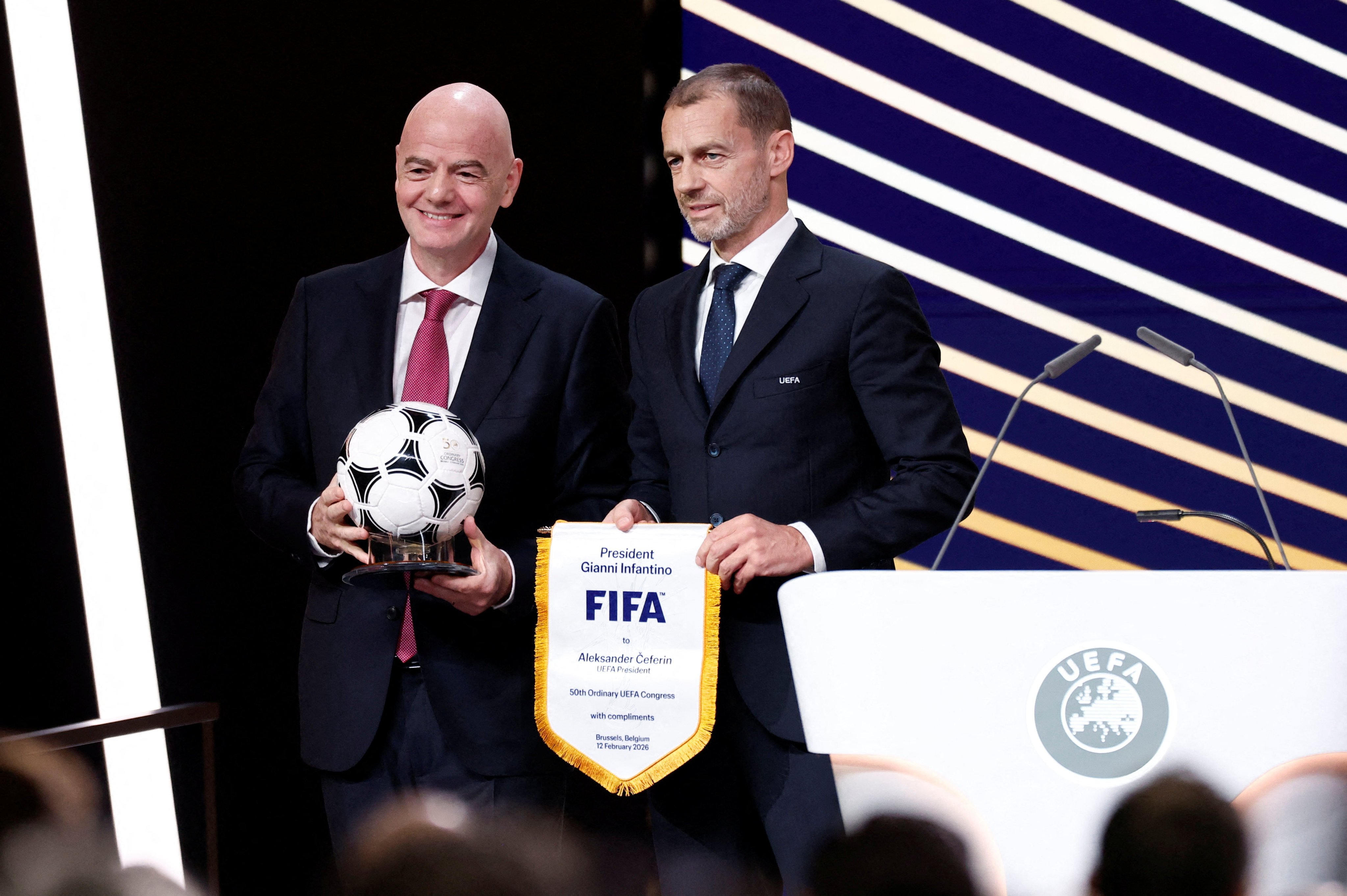 Uefa president Aleksander Ceferin (right) and Fifa head Gianni Infantino at the Uefa Congress in Brussels in February. Photo: Reuters