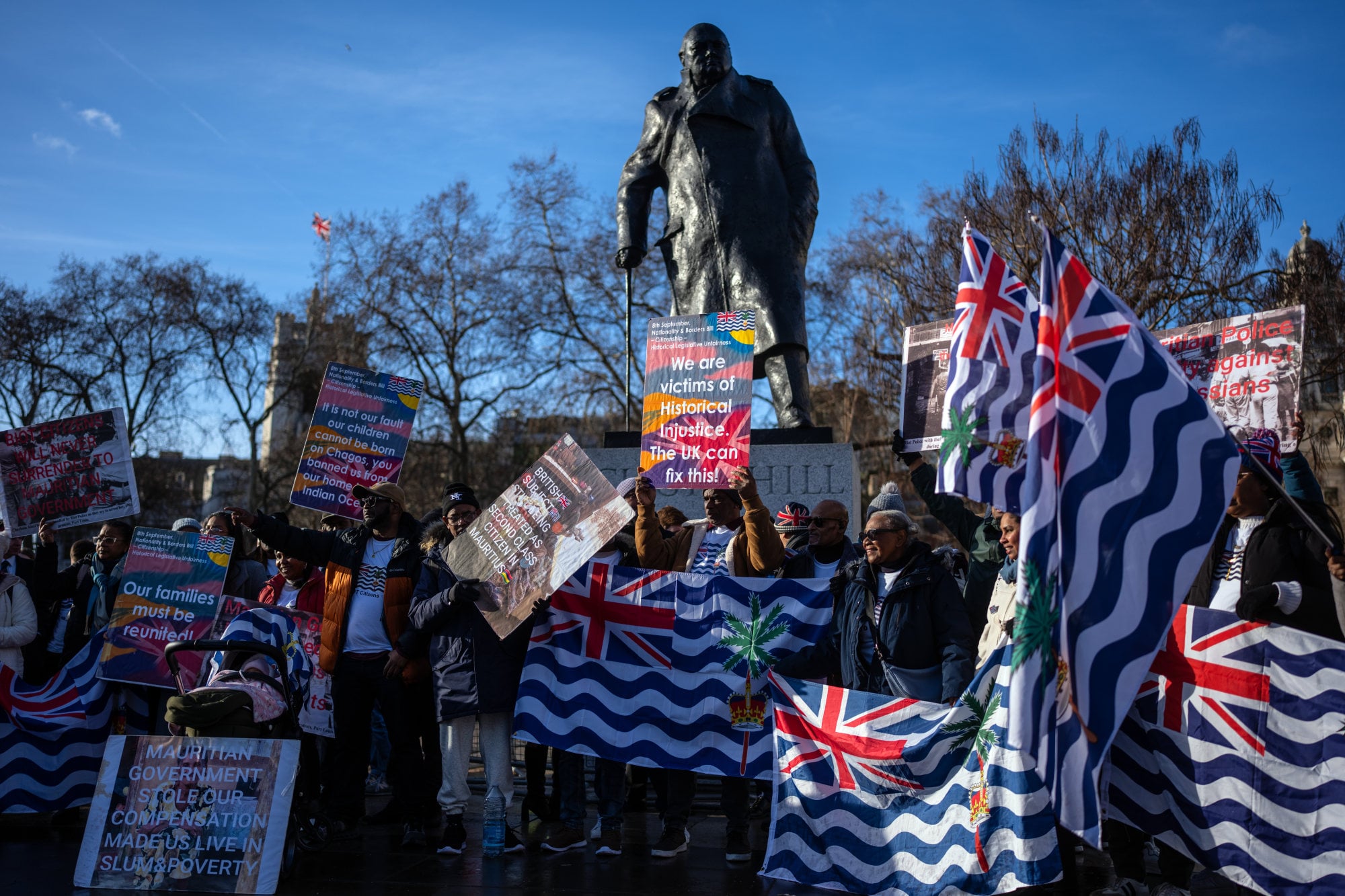 Opponents of the British government’s Chagos deal rally in London in January. Photo: Getty Images