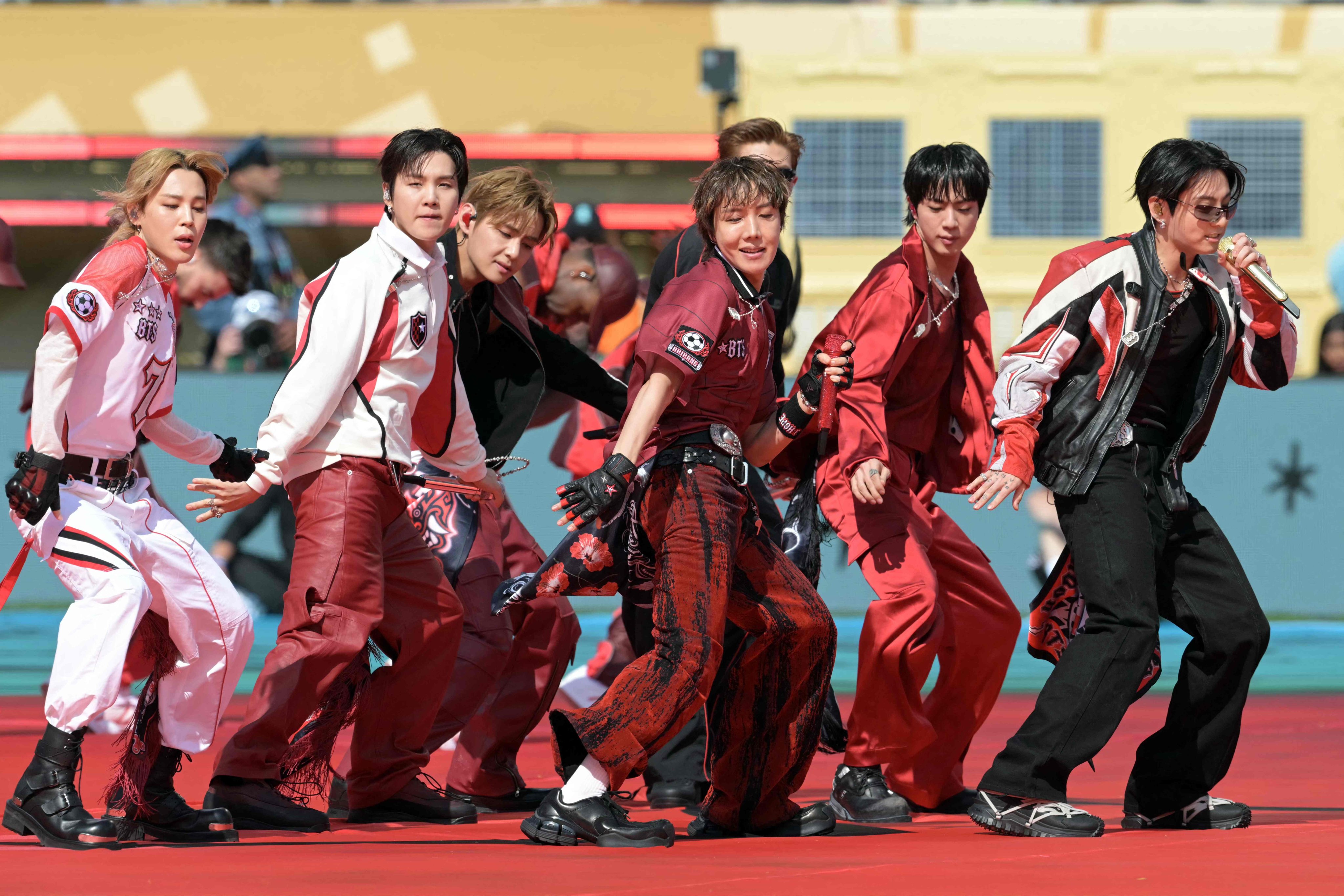 K-pop band BTS performs during the World Cup final match between Spain and Argentina at the New York/New Jersey Stadium in East Rutherford on July 19.  Photo: AFP
