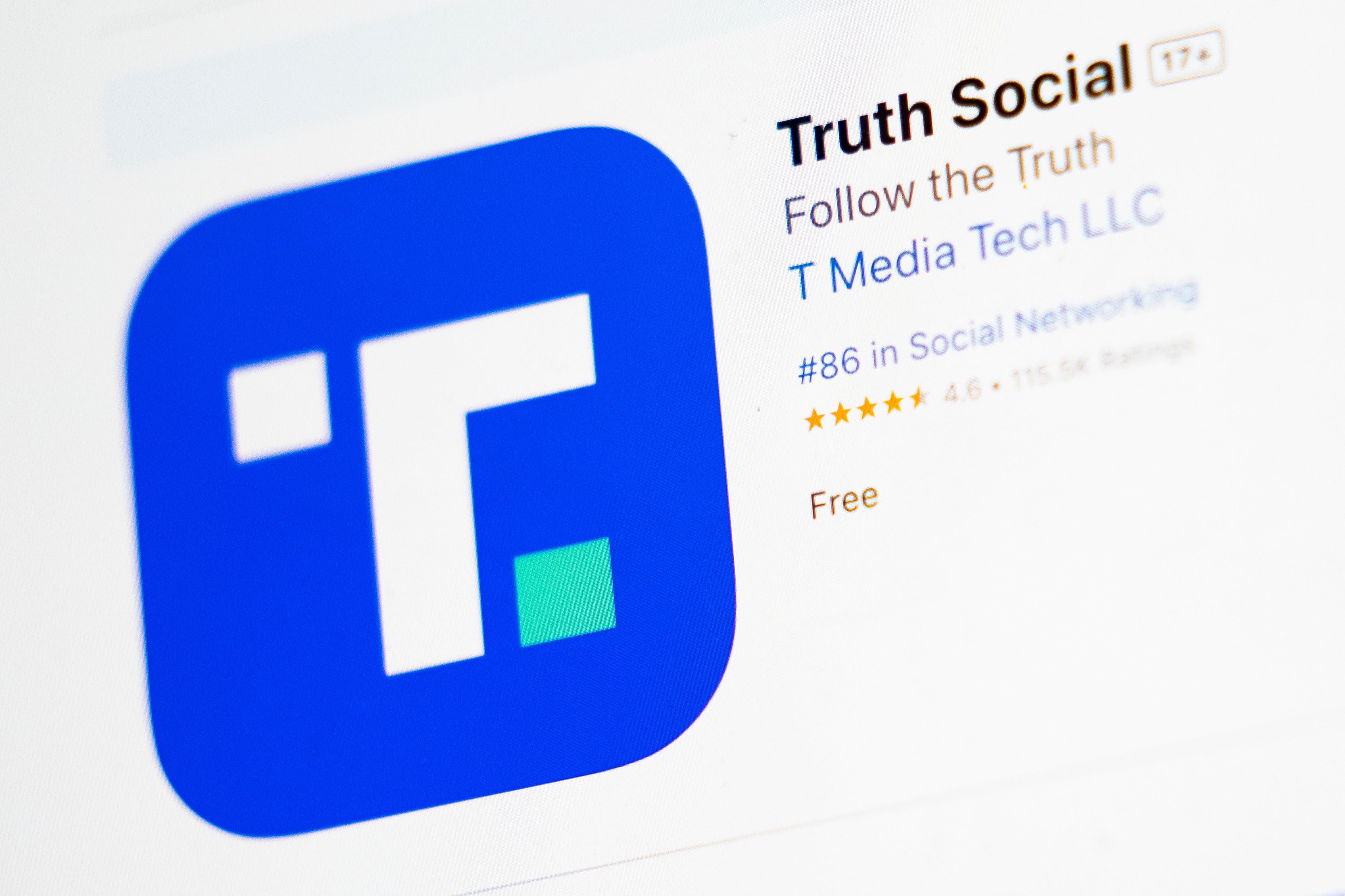 The download screen for the Truth Social app is displayed on a laptop computer. Photo: AP