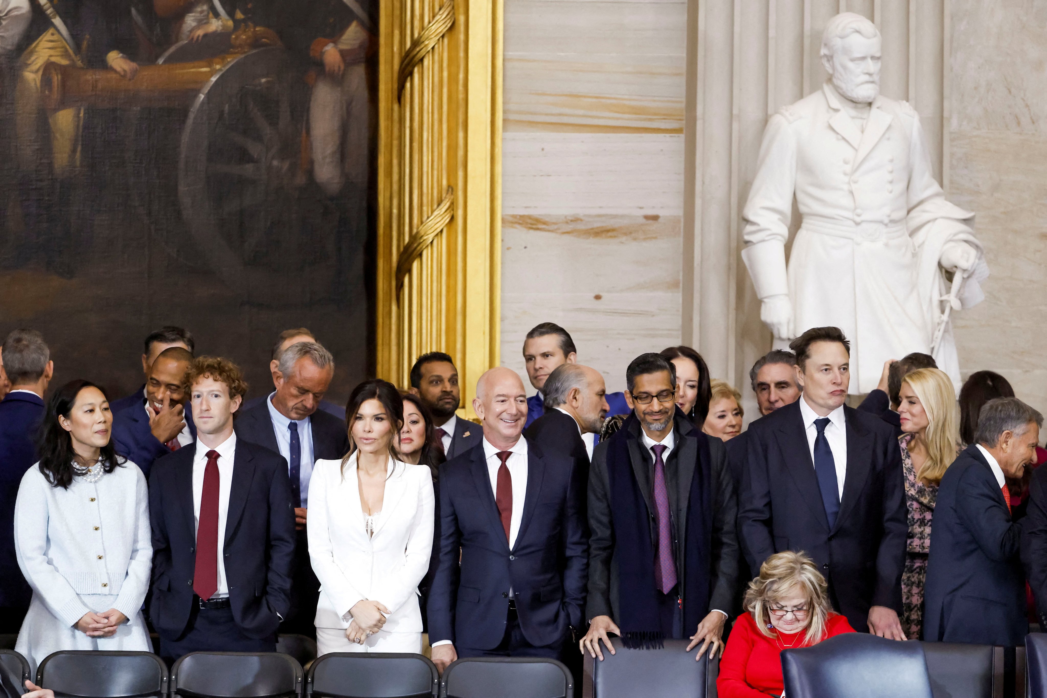 Leading tech bosses including Mark Zuckerberg, Jeff Bezos, Sundar Pichai and Elon Musk attended Donald Trump’s inauguration last year. Photo: Reuters