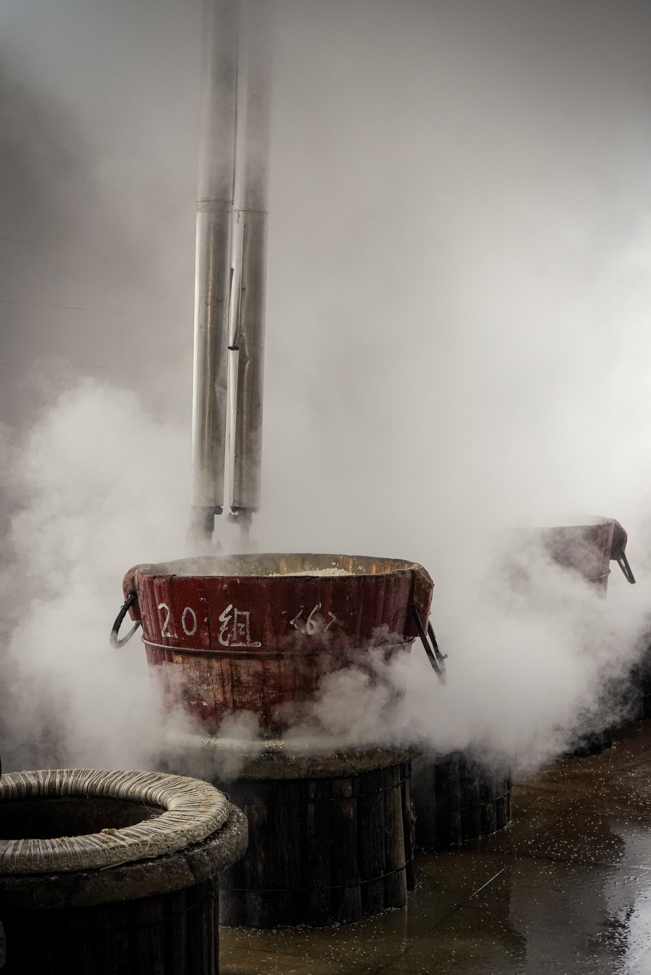 Rice is steamed at high heat in preparation for fermentation, at the Pagoda Brand Winery, Shaoxing, China. Photo: Gavin Yeung