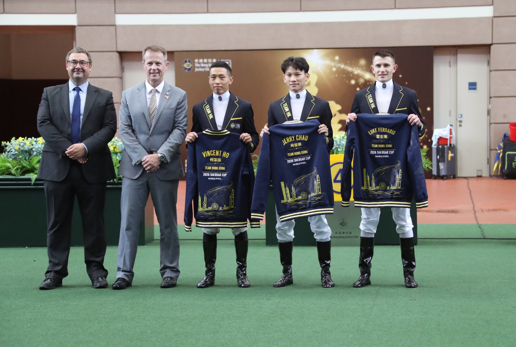 Nick Smith, Andrew Harding, Vincent Ho, Jerry Chau and Luke Ferraris during the announcement of Team Hong Kong for the Shergar Cup 2026. Photo: Kenneth Chan