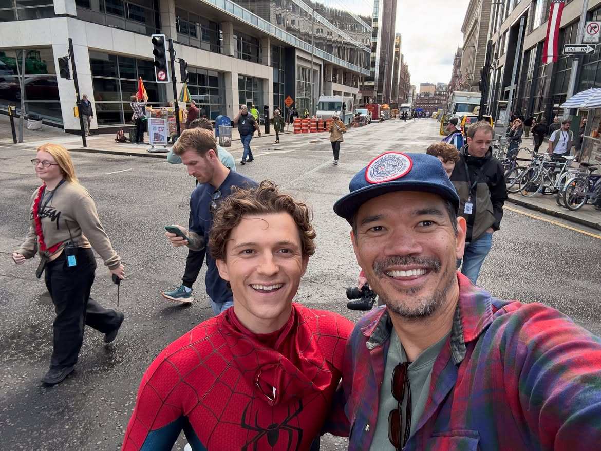Director Deston Daniel Cretton with Tom Holland on the set of Spider-Man: Brand New Day. Photo: @destindaniel/Instagram