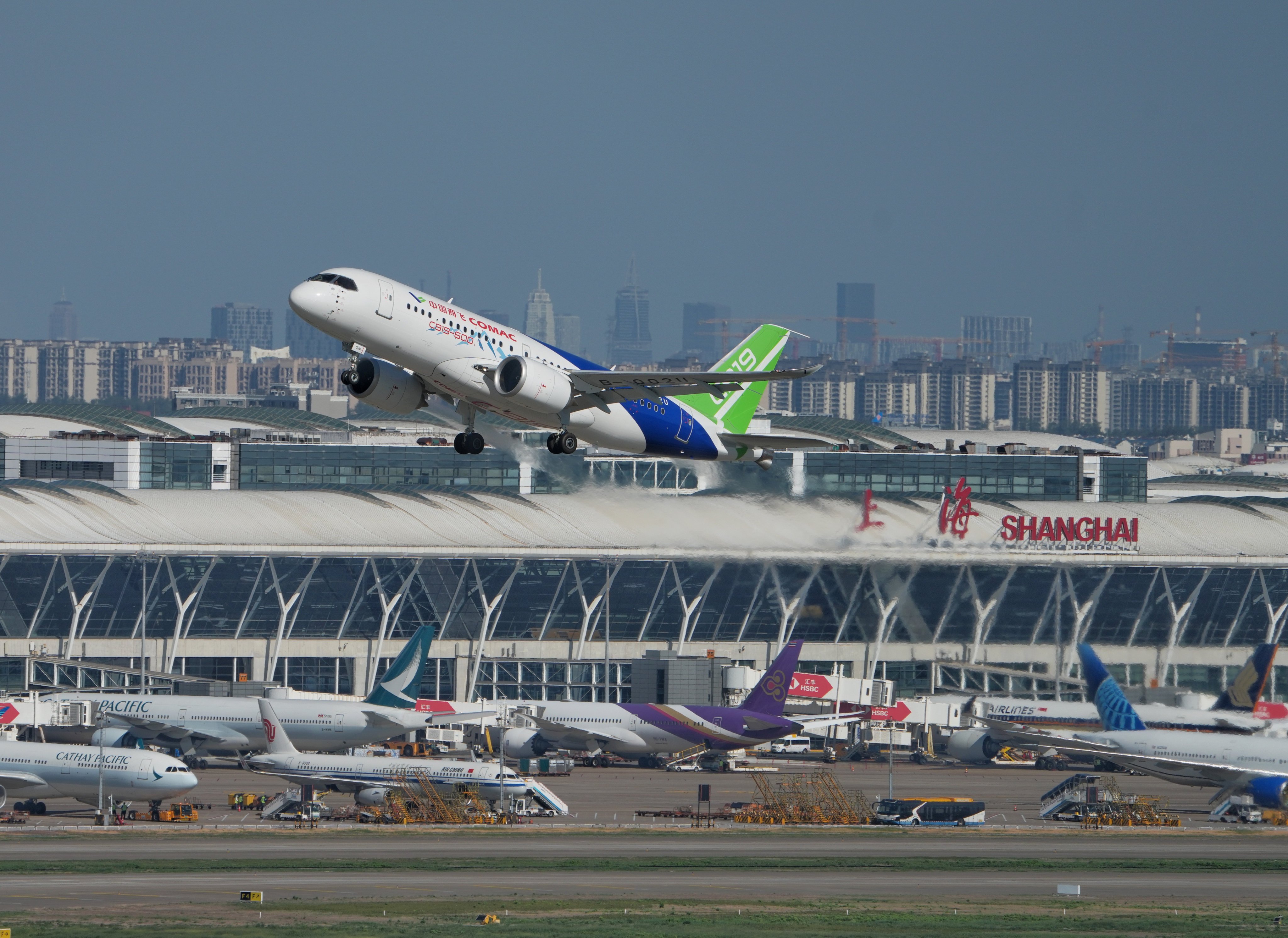 A C919 high-altitude prototype takes off from Shanghai Pudong International Airport on its first test flight on Wednesday. Photo: Xinhua