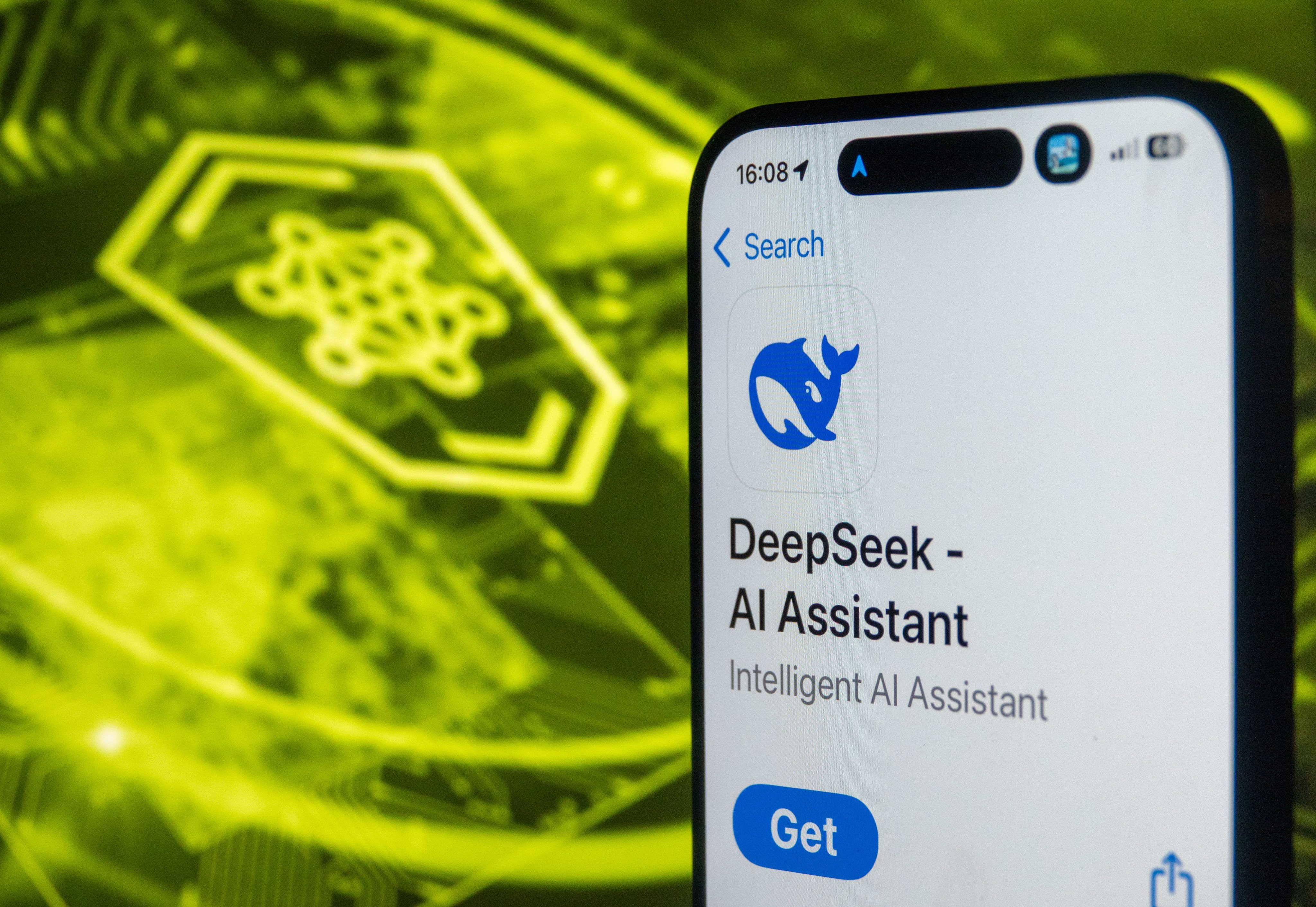 A smartphone screen displays the logo for Chinese AI company DeepSeek. Illustration: Getty Images