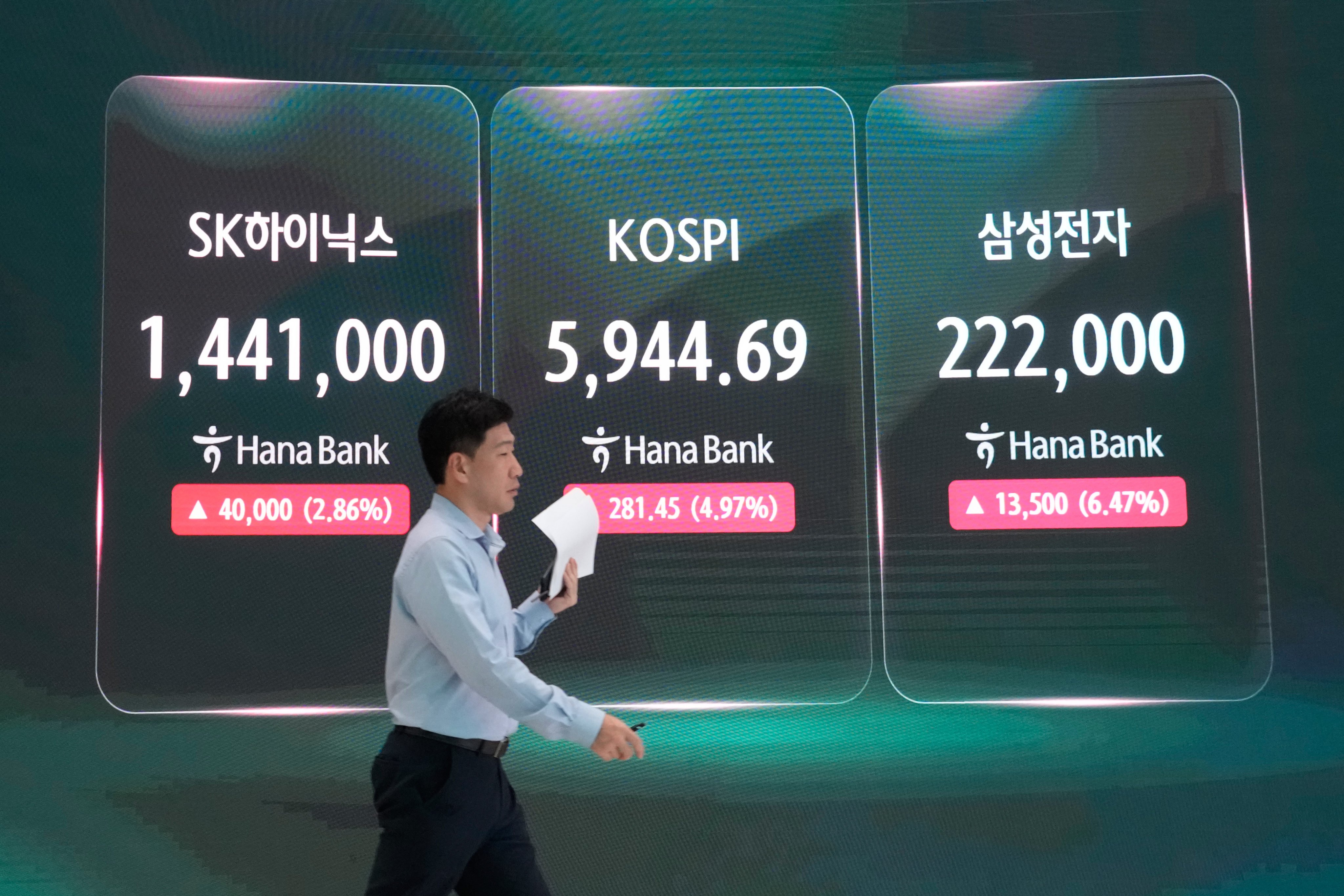 A screen shows the Korea Composite Stock Price Index (Kospi), SK Hynix and Samsung Electronics stock price at the foreign exchange dealing room of the Hana Bank headquarters in Seoul, South Korea, on July 30. Photo: AP