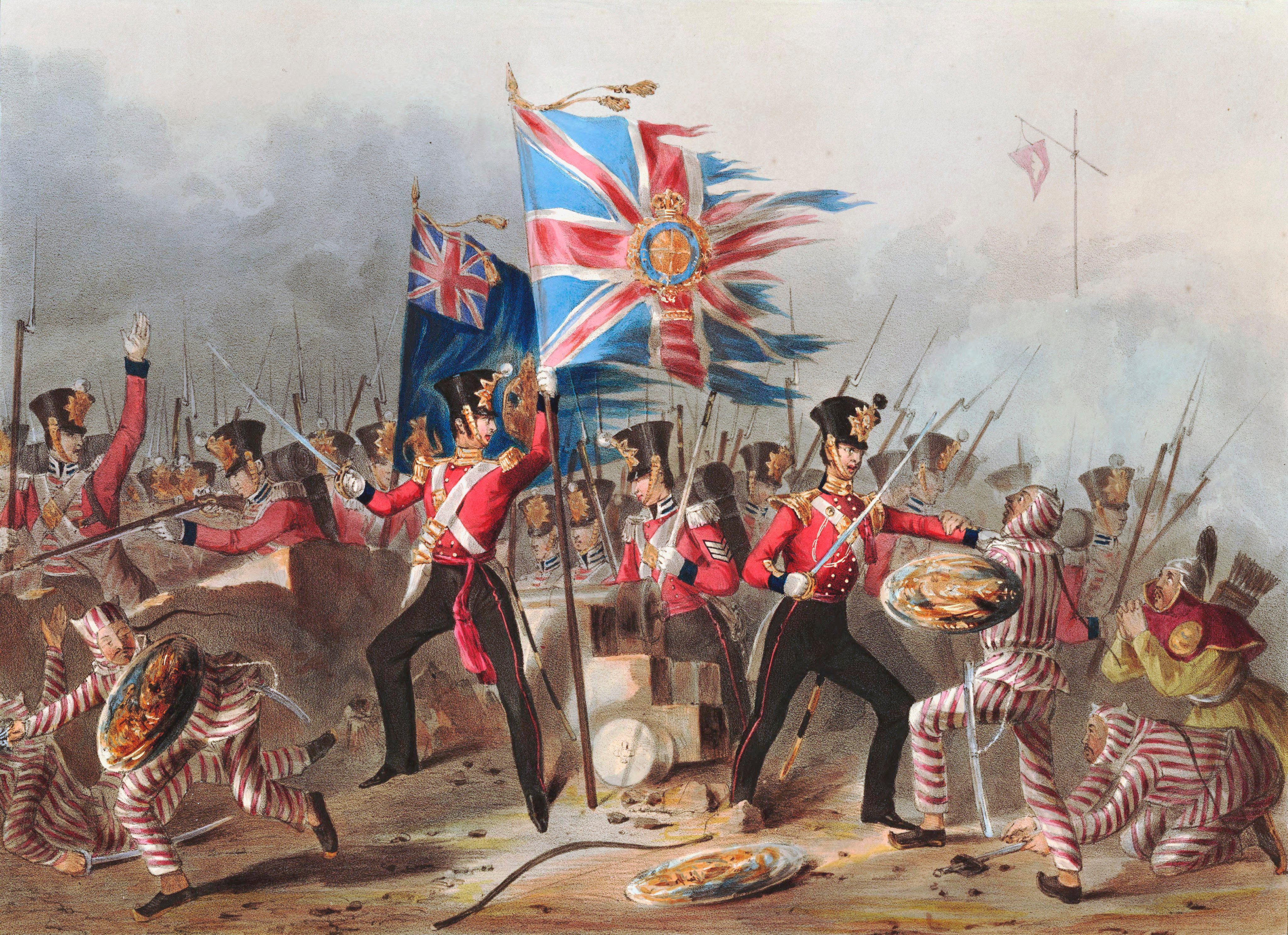 A lithograph by James Henry Lynch, originally drawn by Michael Angelo Hayes, depicts the 18th (Royal Irish) Regiment of Foot, at the storming of the forts of Amoy on August 26, 1841, during the First Opium War. Image: Getty Images