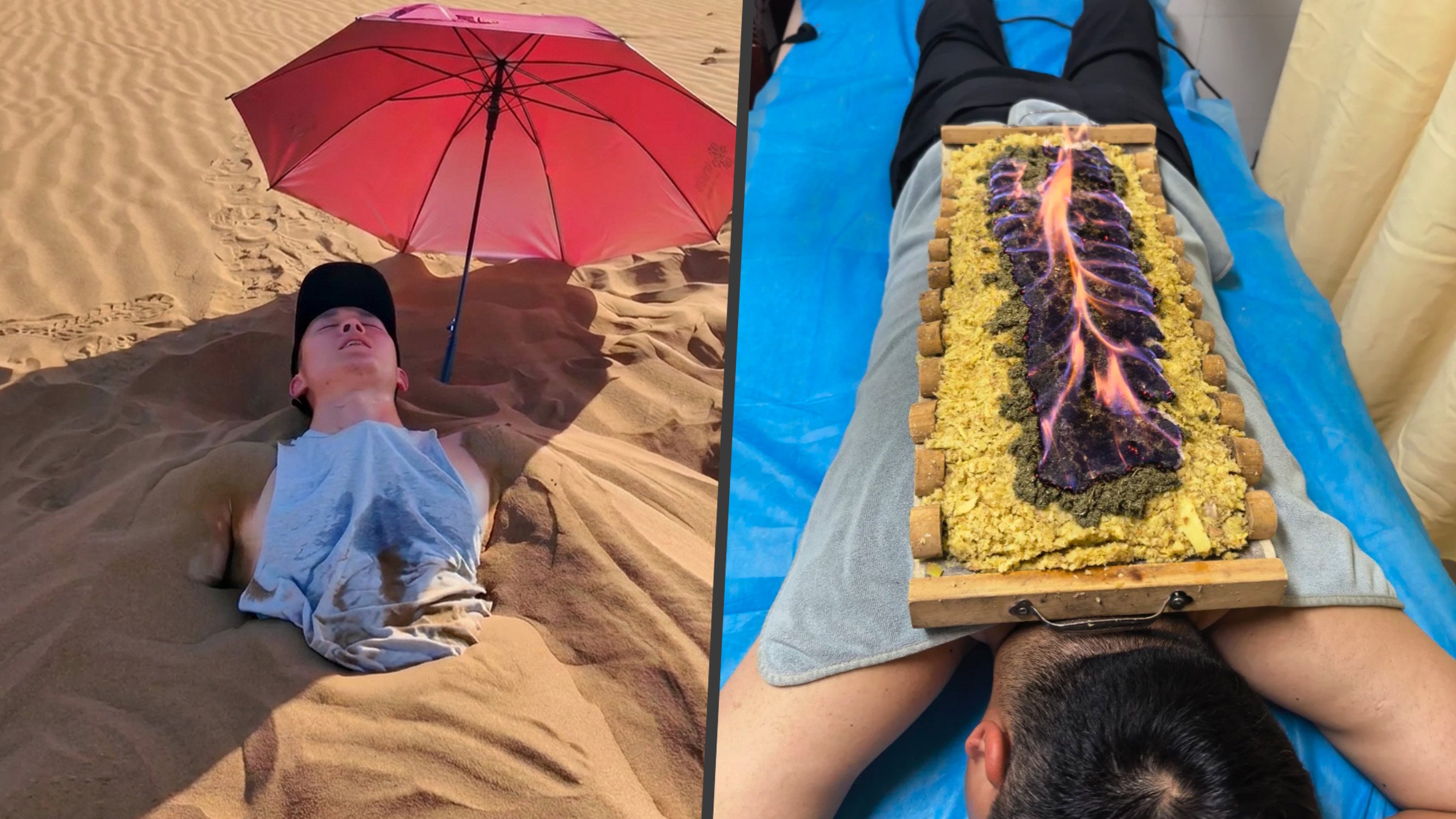 As China faces historic summer heat, youth are turning to TCM "dampness removal" remedies like hot sand burials and herbal burning. Photo: SCMP composite/RedNote/douyin