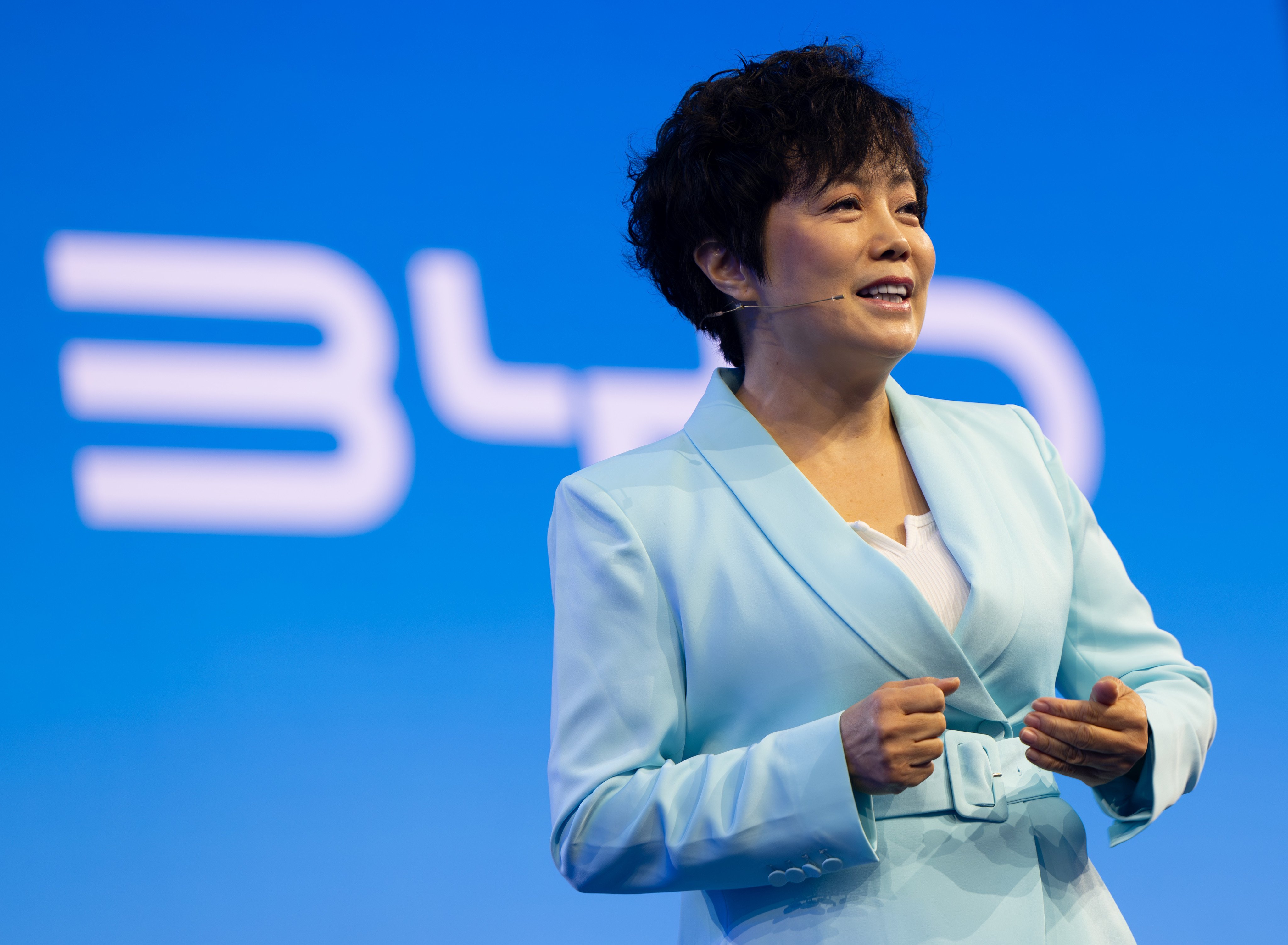Stella Li, BYD’s executive vice-president, at a press conference before the start of the International Motor Show (IAA Mobility) in Munich on September 8, 2025. In June, Li said the company had invested in humanoid robots. Photo: DPA