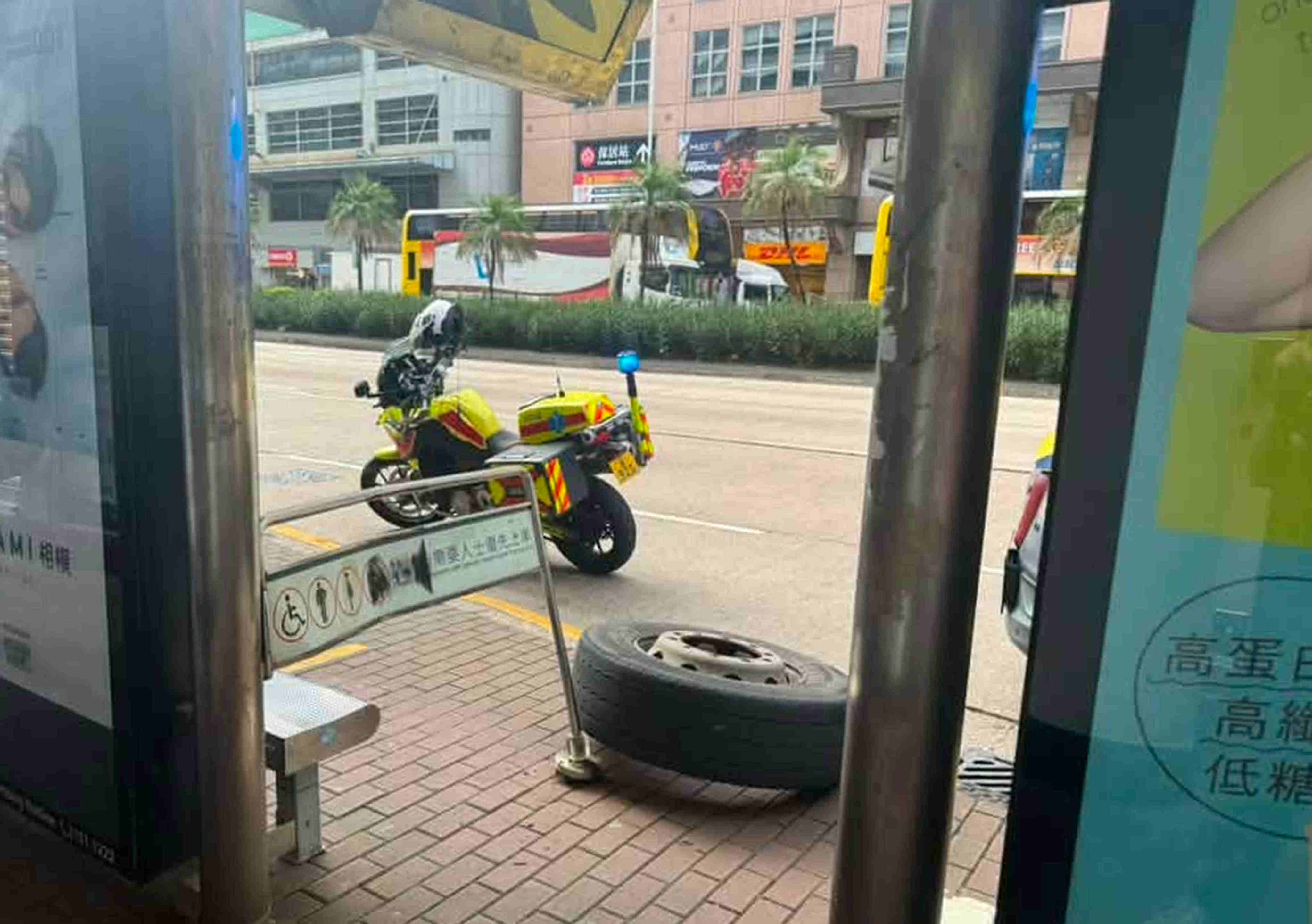 The detached wheel struck a metal railing beside the bus stop. Photo: Handout