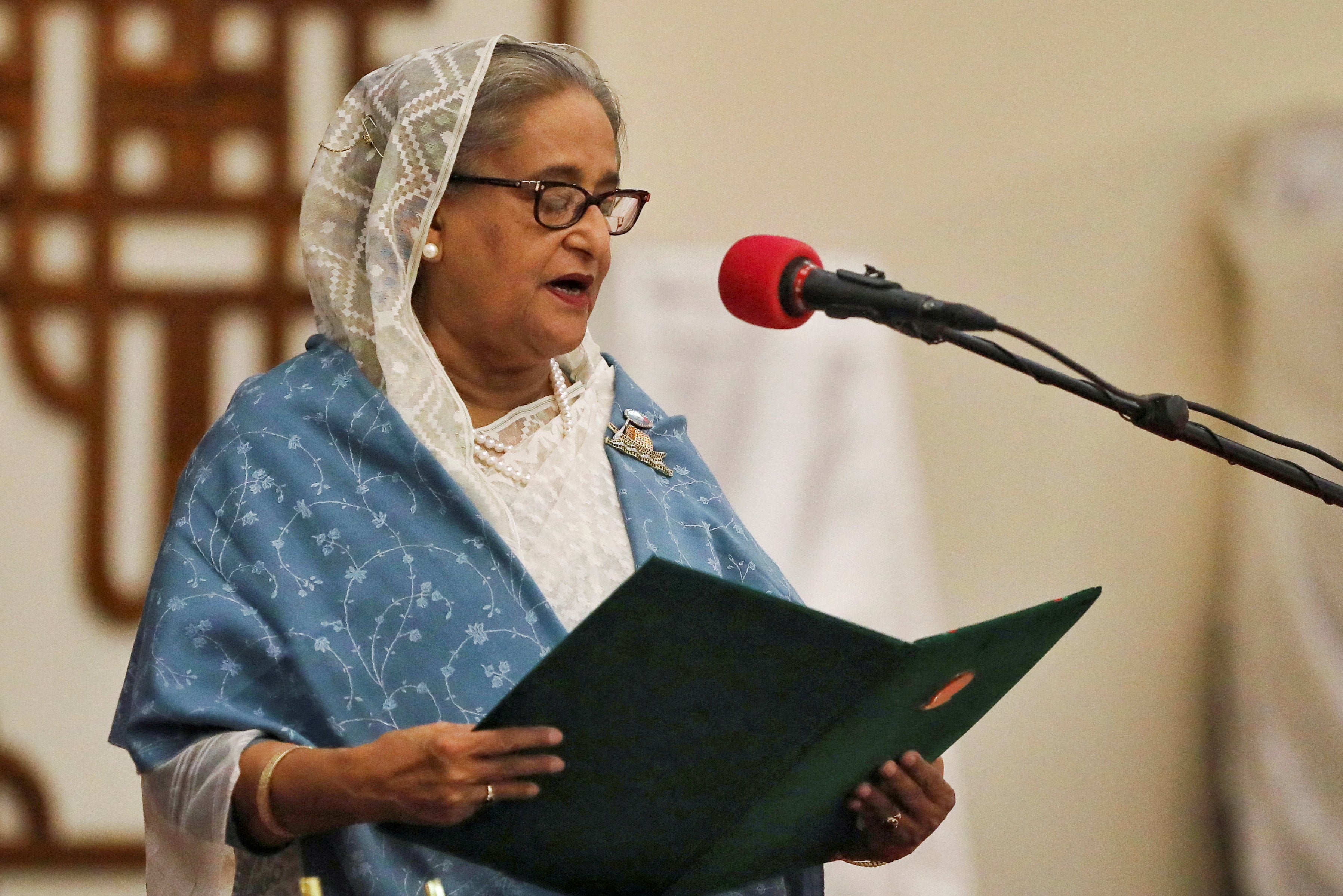 Sheikh Hasina takes her oath to be Bangladesh’s prime minister in Dhaka on January 11, 2024. Photo: Reuters