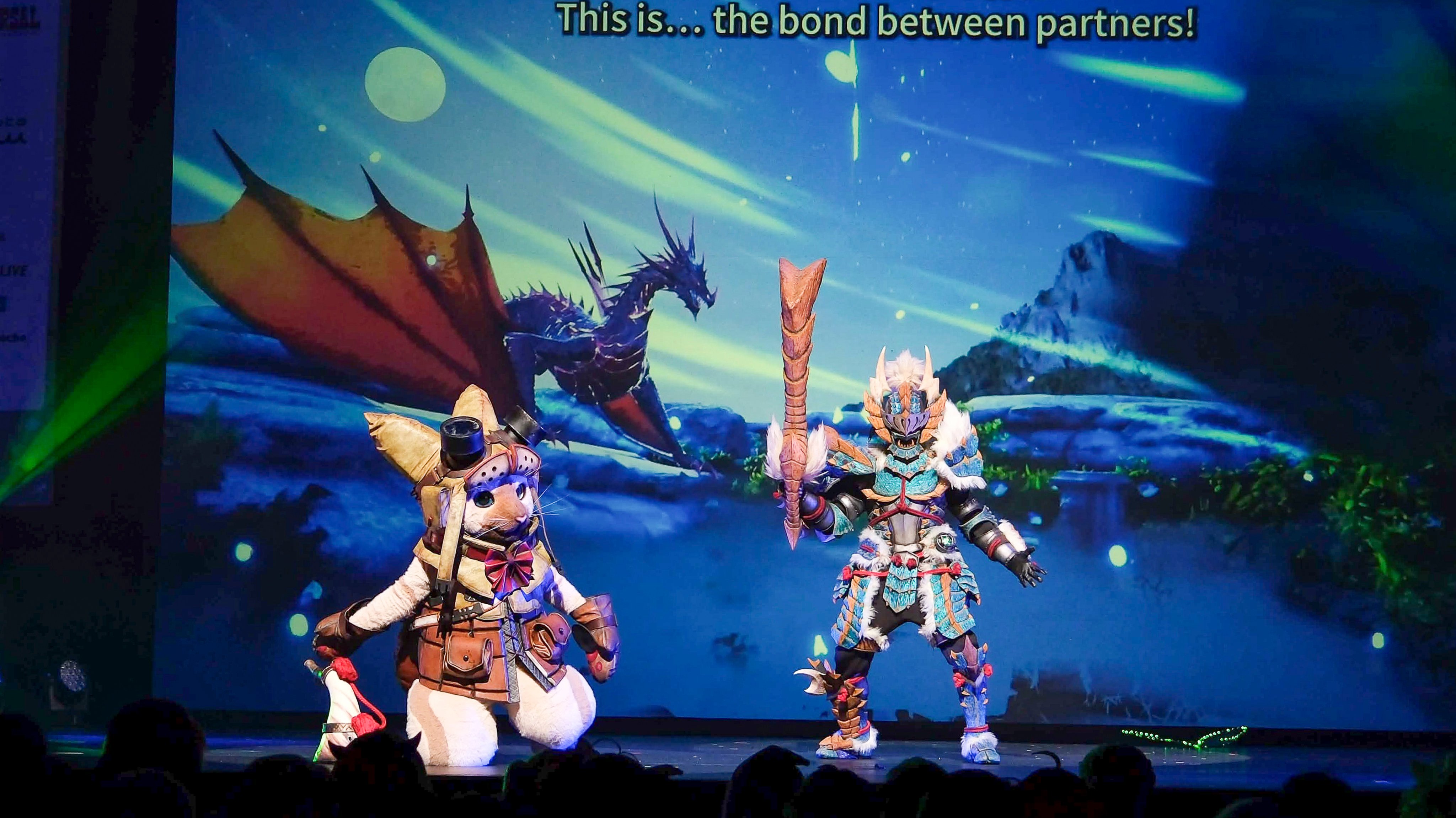 Hong Kong representatives Ar Lu (left) as bipedal cat Felyne and Ronnie Kui (right) as Hunter after winning the Tamakoshi Award at the World Cosplay Championship in Nagoya, Japan, on August 2, 2026. Photo: Ani-Com &amp; Games